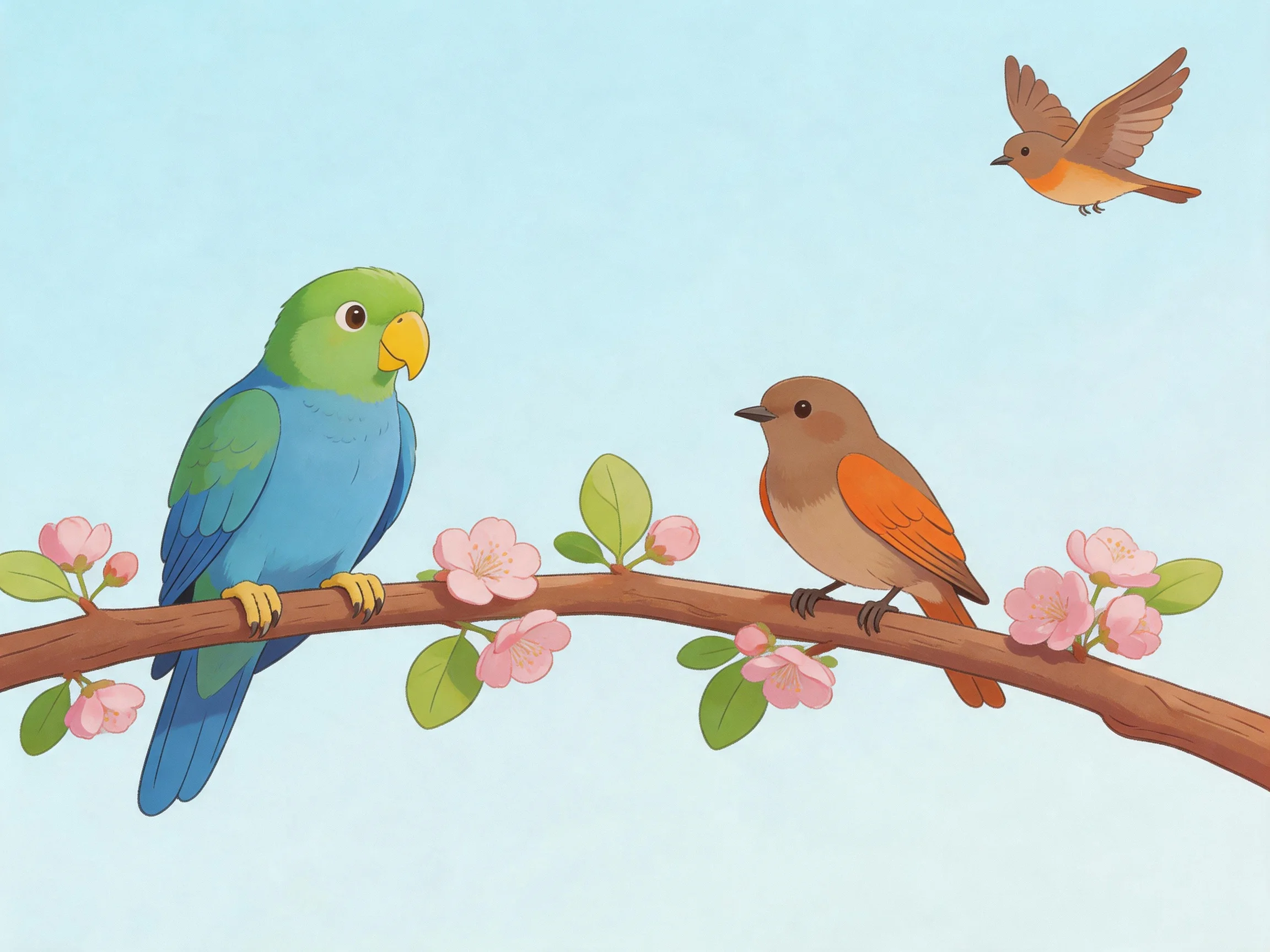 Three colorful birds on a flowering branch