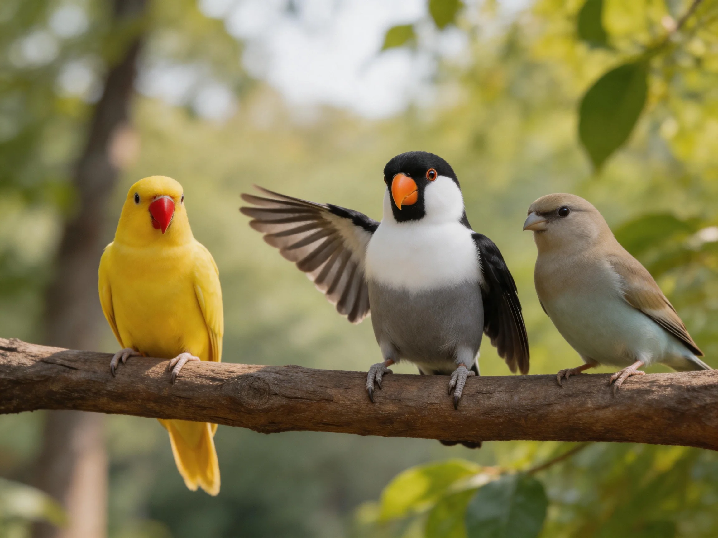 Three colorful birds on a wooden branch among greenery