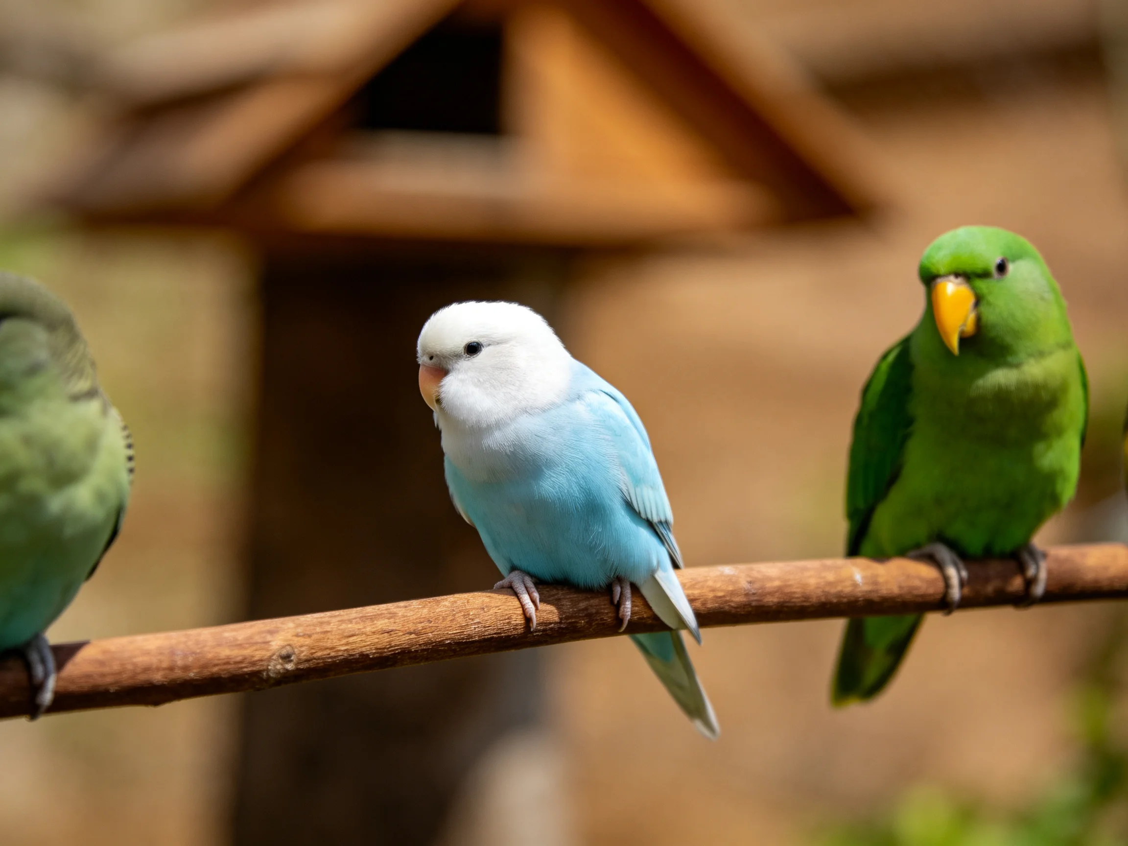 Three colorful birds sit on a wooden branch near a birdhouse