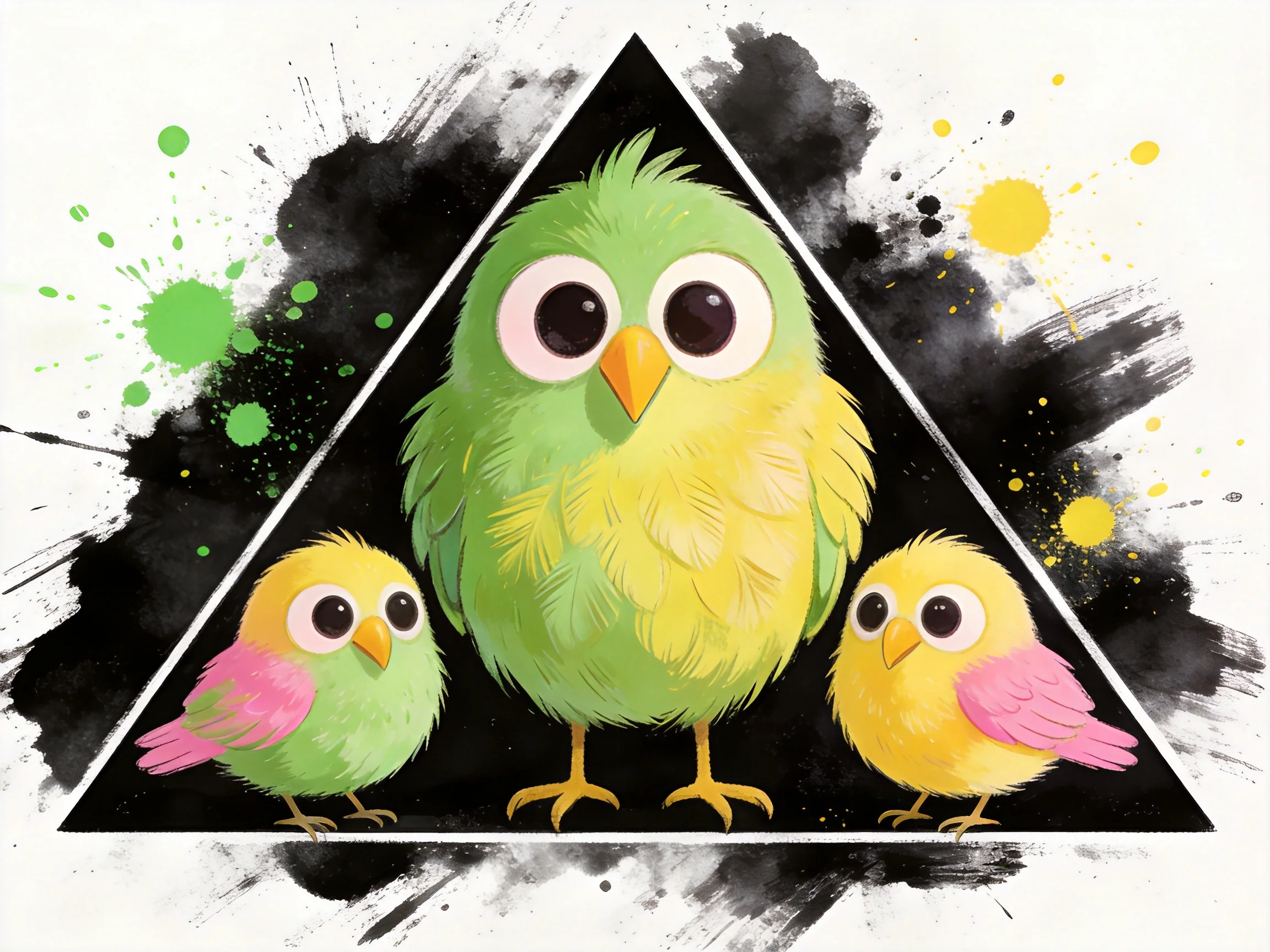 Three colorful cartoon birds in a black triangular frame with paint splatters