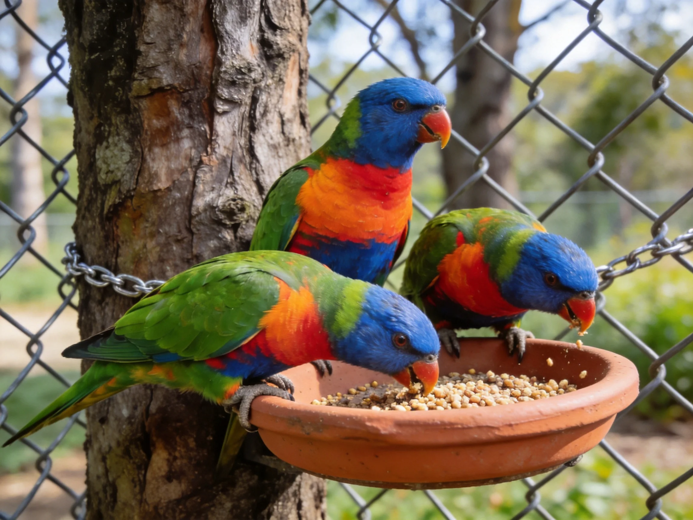 Three colorful lorikeets feeding from a terracotta dish near a tree