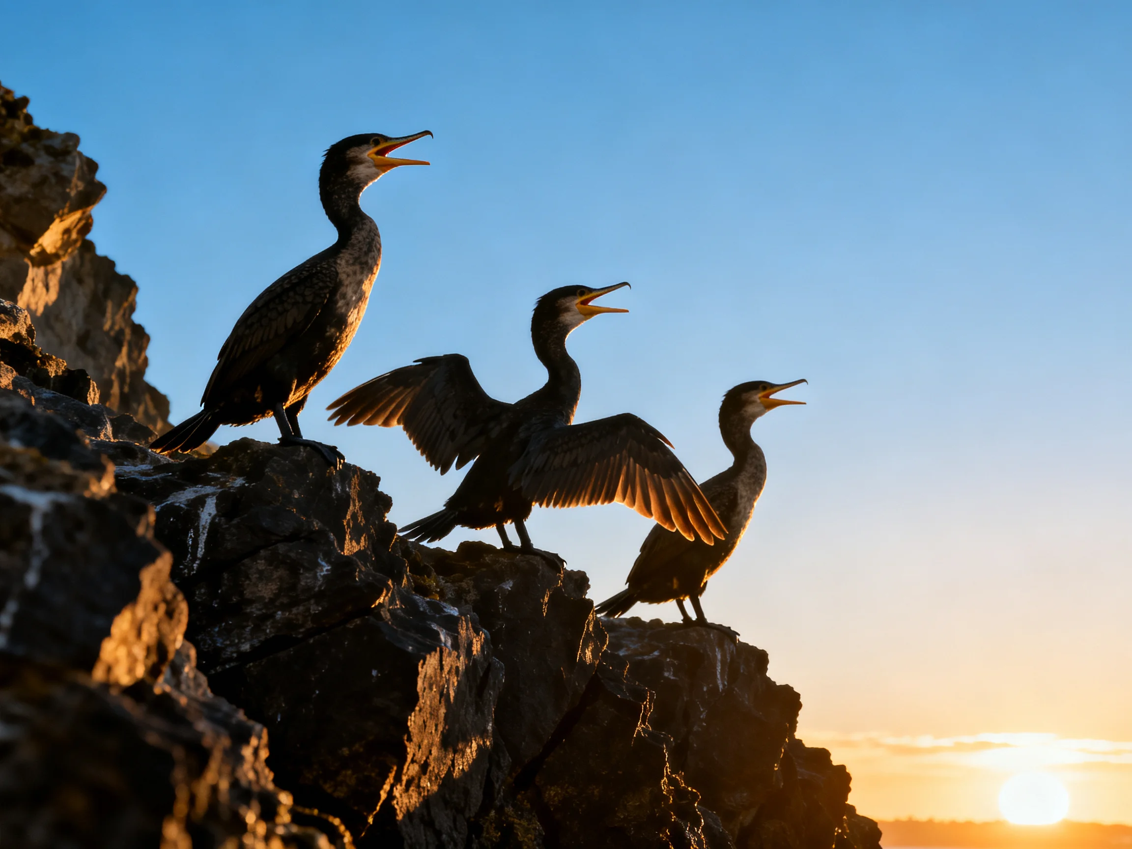 Three cormorants on rugged coastal cliffs at sunset