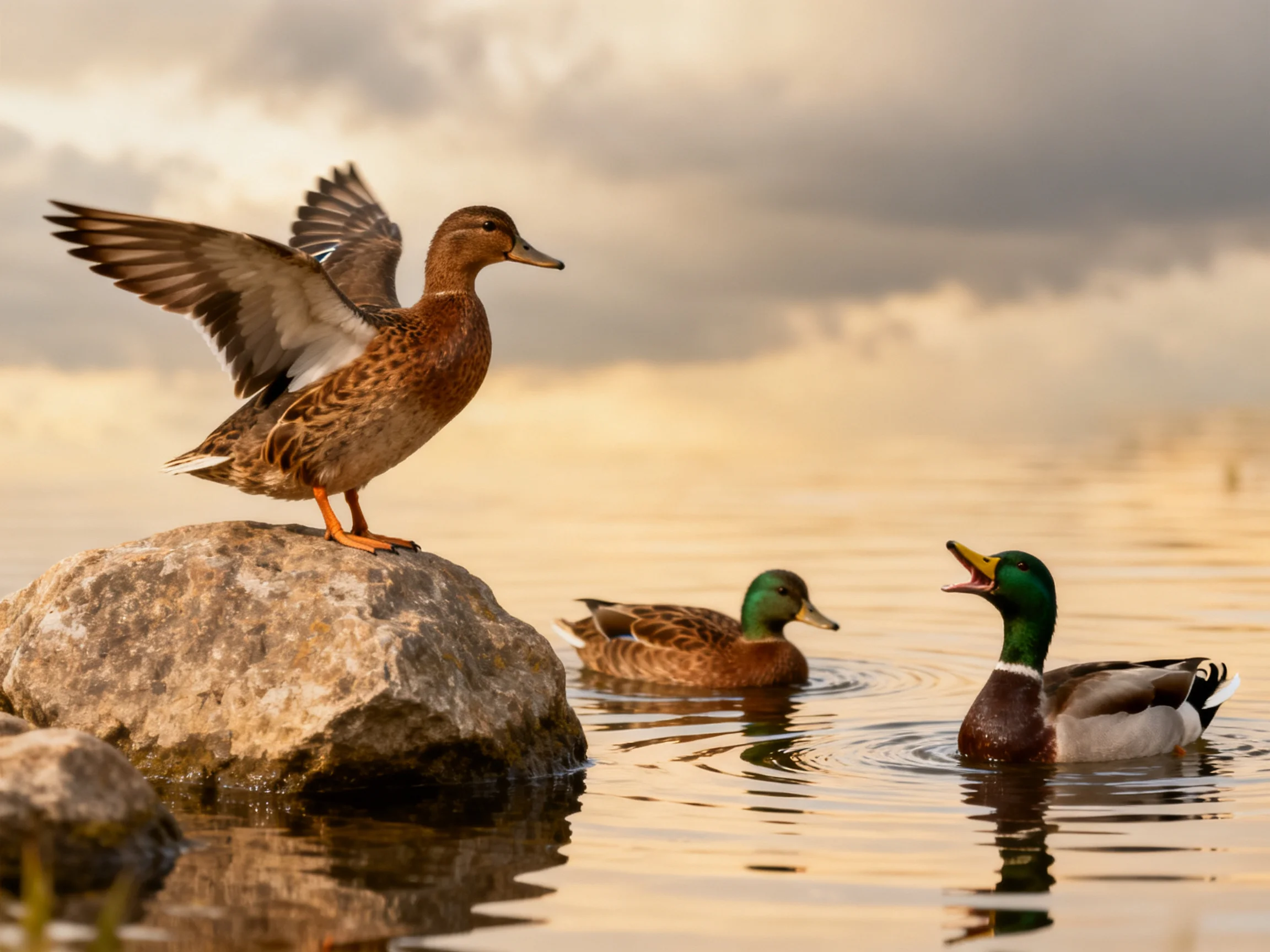 Three ducks near water, one on a rocky perch, brown and green plumage