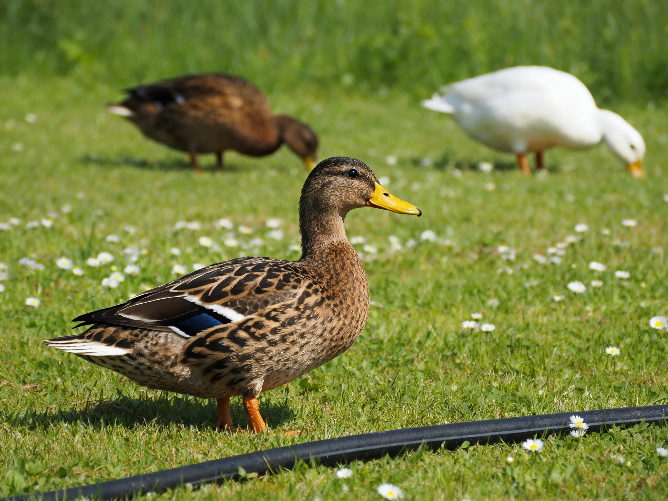 Three ducks of different colors graze on a flower-speckled lawn