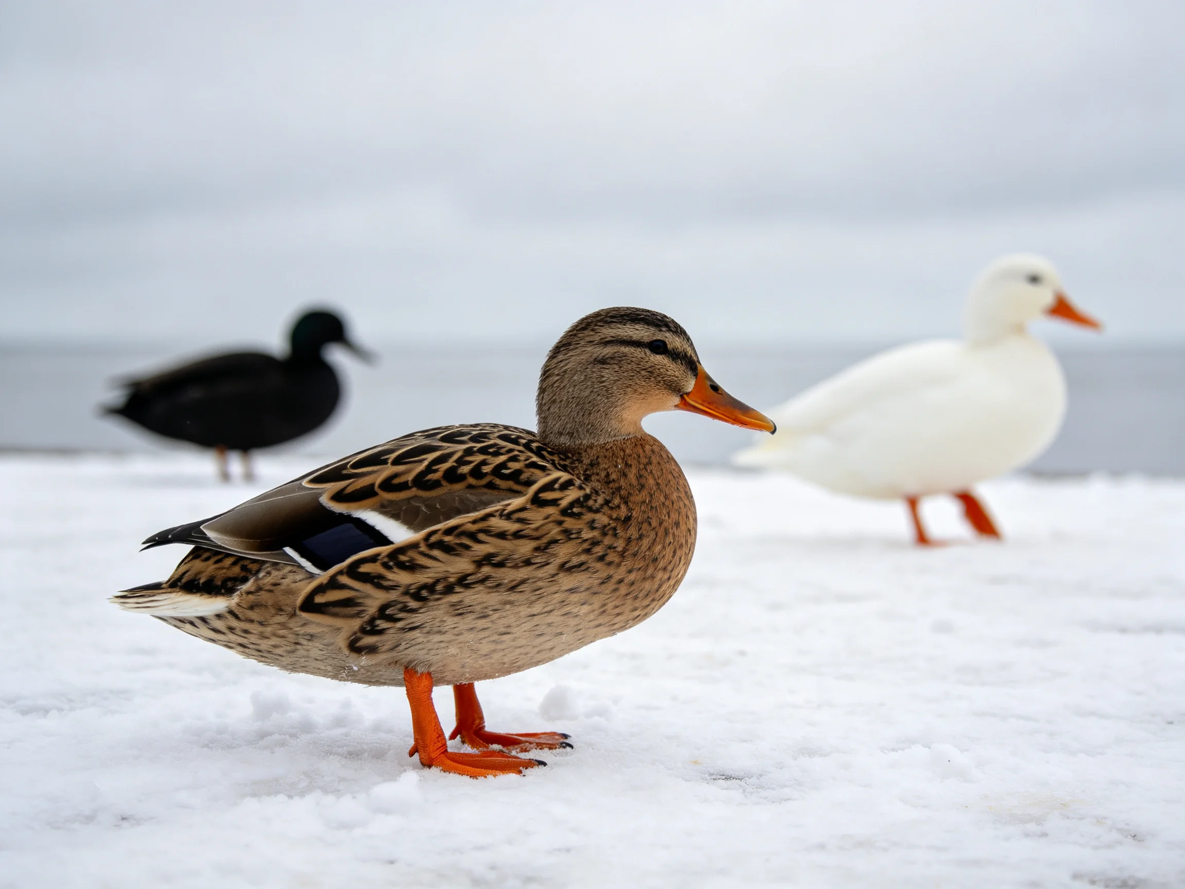 Three ducks of different colors on snowy ground near water