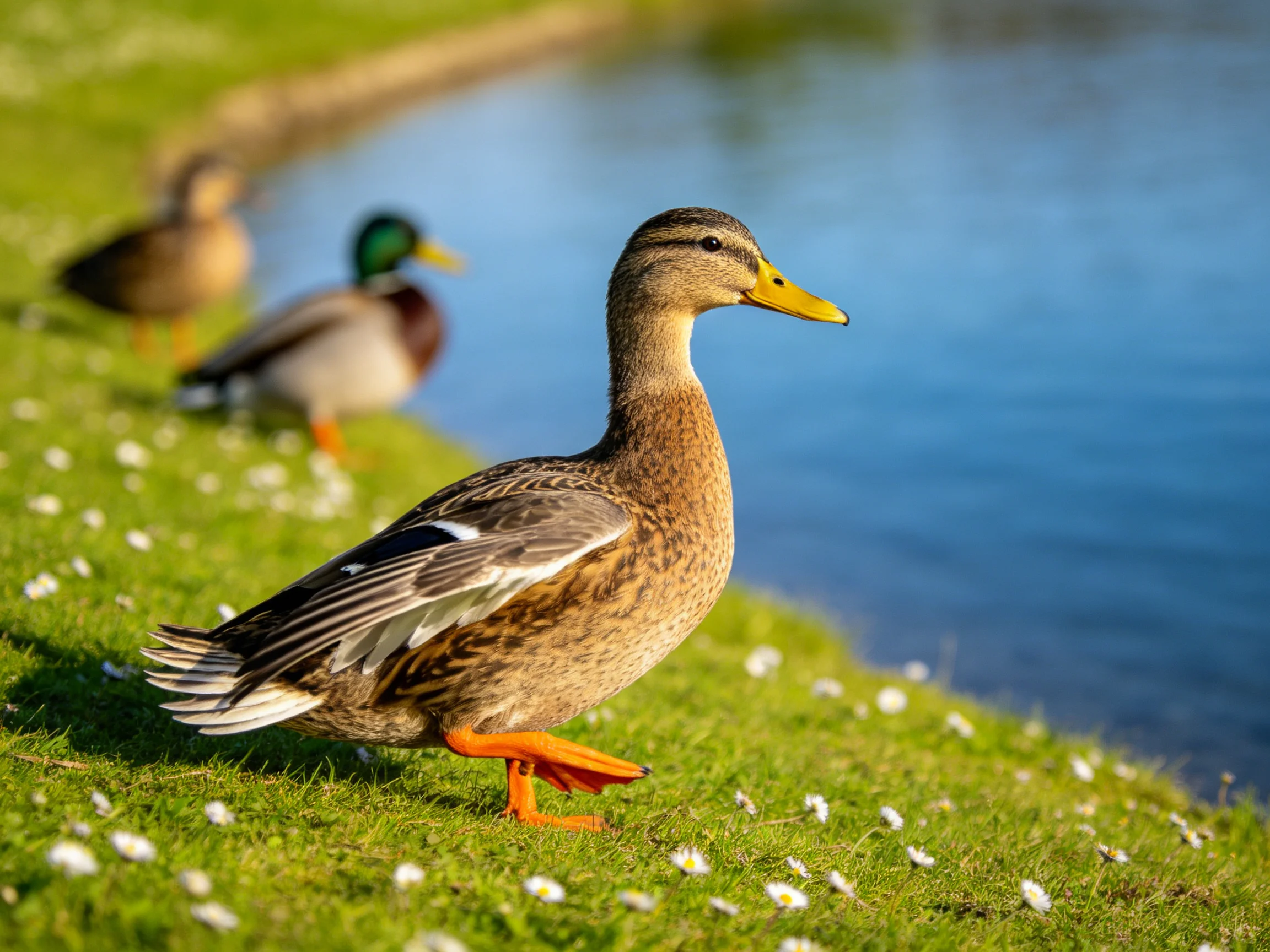 Three ducks on a flowered green bank beside a calm blue pond