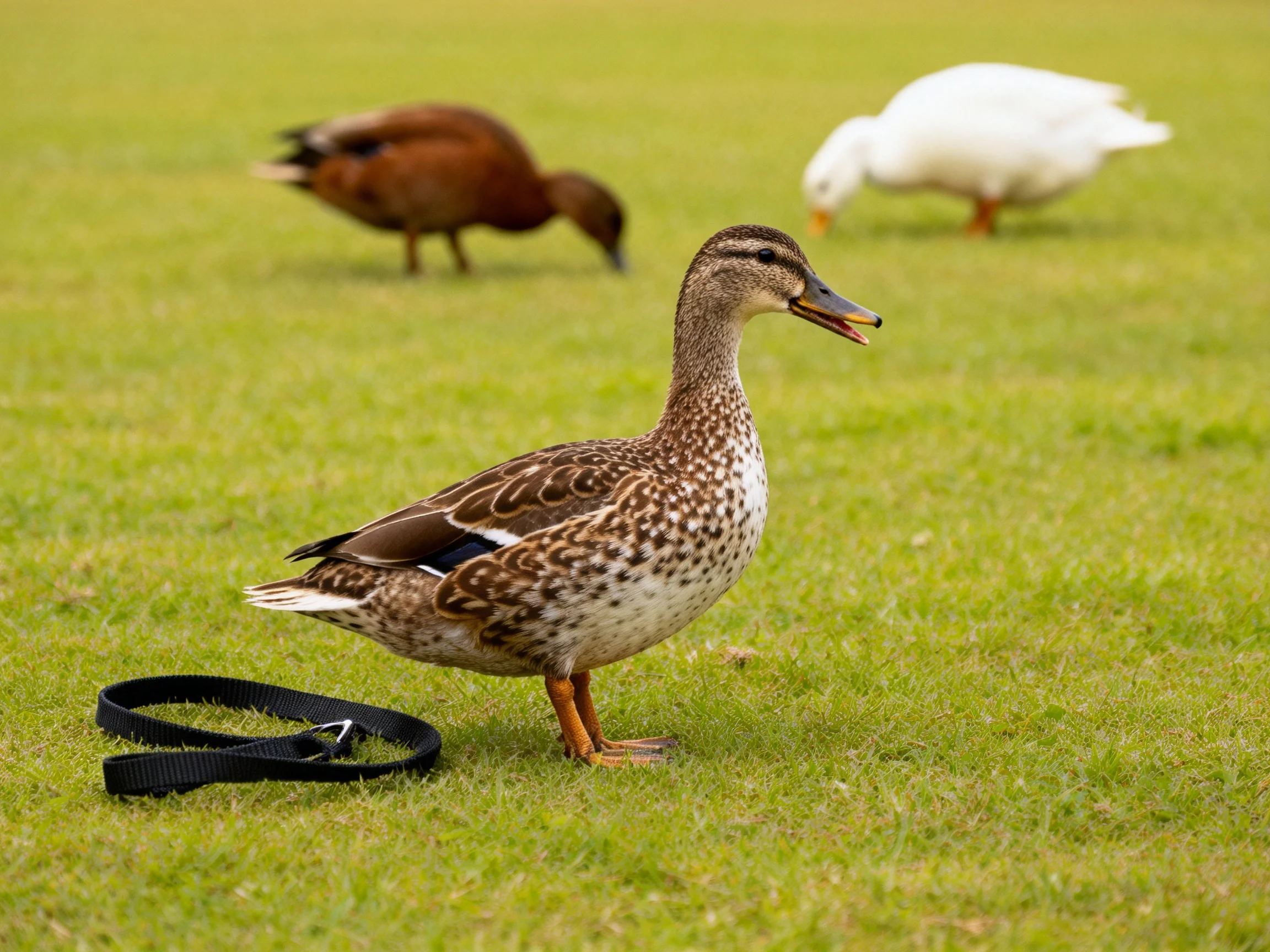 Three ducks on a green grassy field, one with a black leash