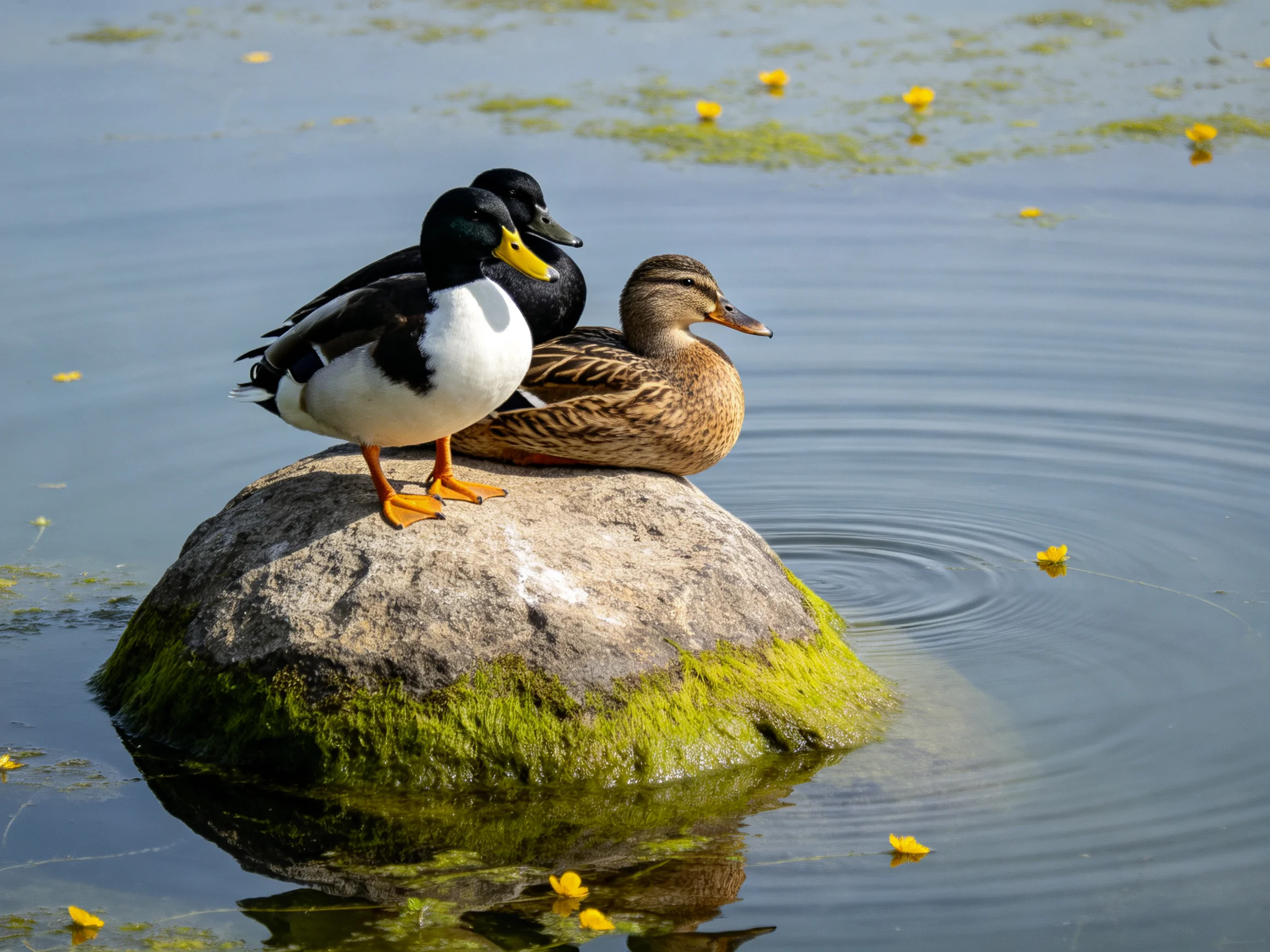 Three ducks rest on a mossy rock amid calm water