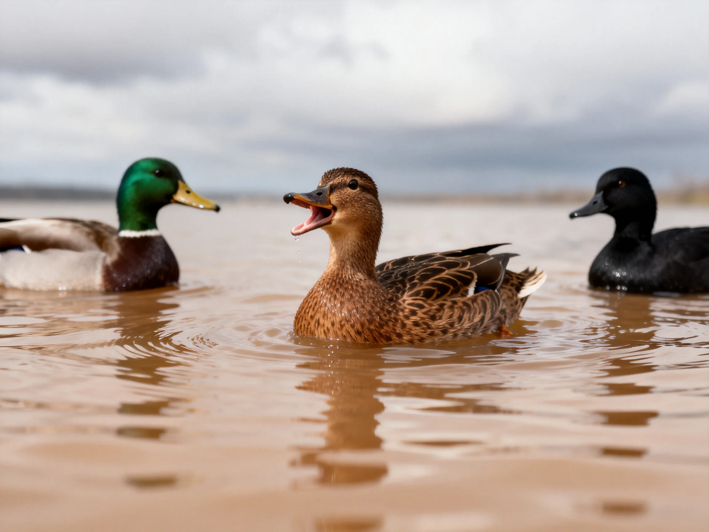 Three ducks swim in brown-tinted water under cloudy sky