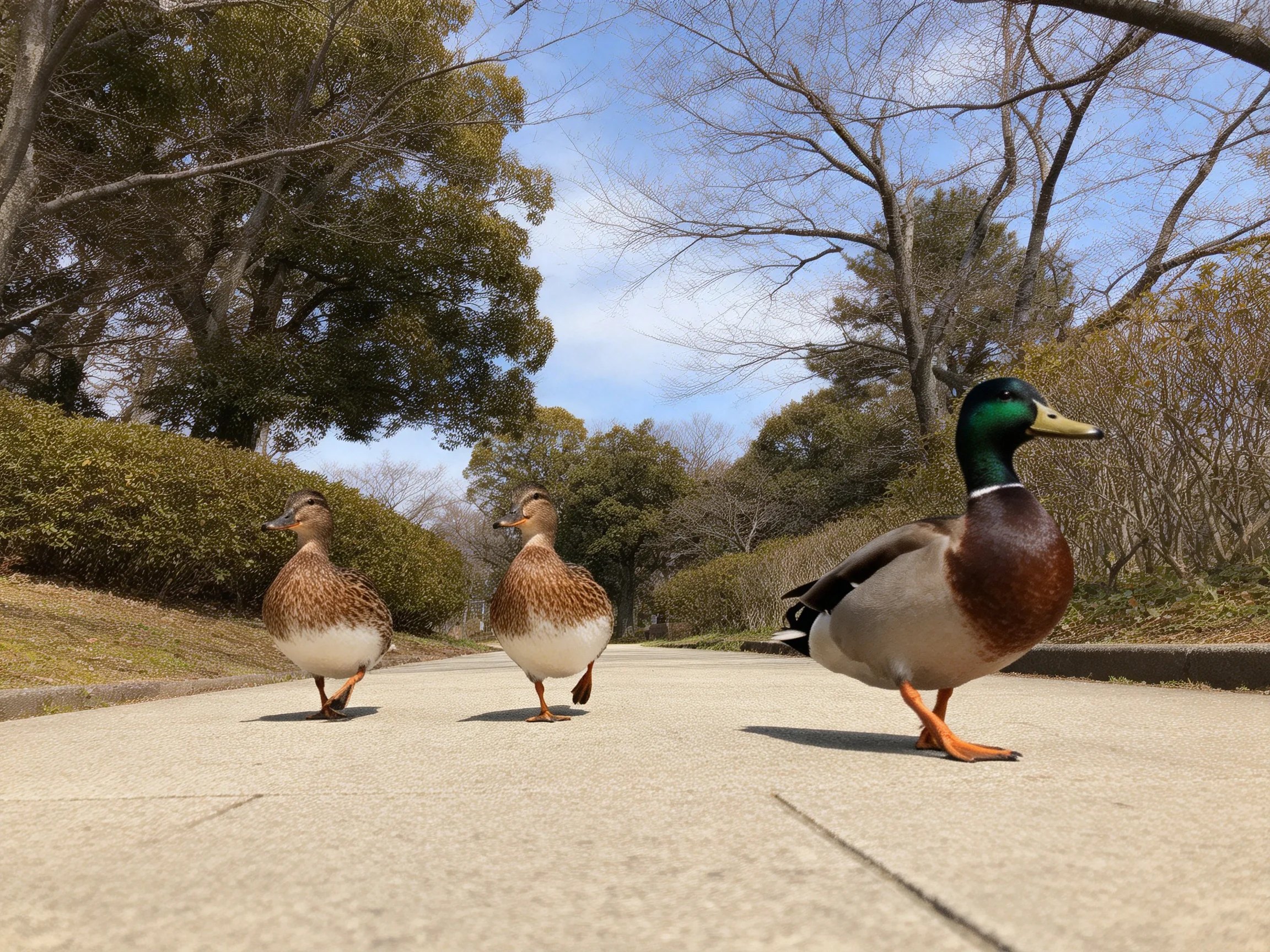 Three ducks walk a sunlit park path, one with vibrant green head