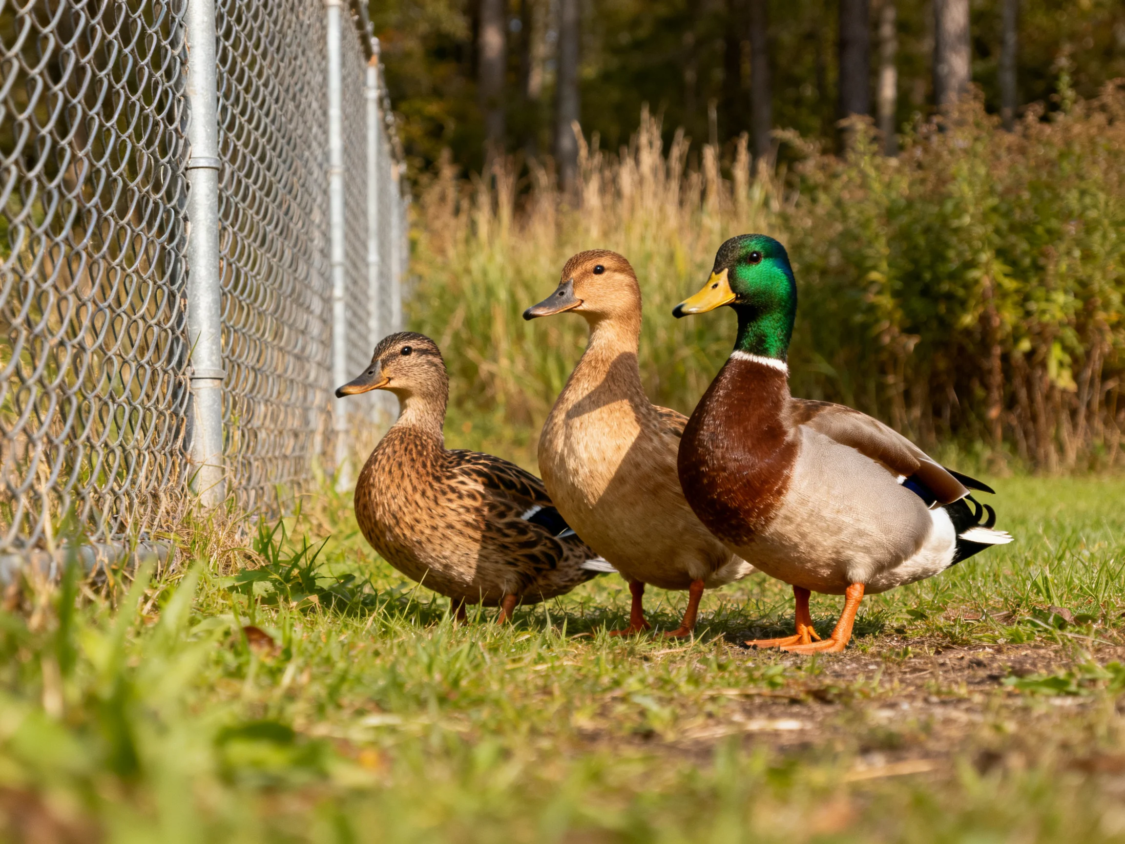 Three ducks with brown, tan, and green plumage near a silver chain-link fence