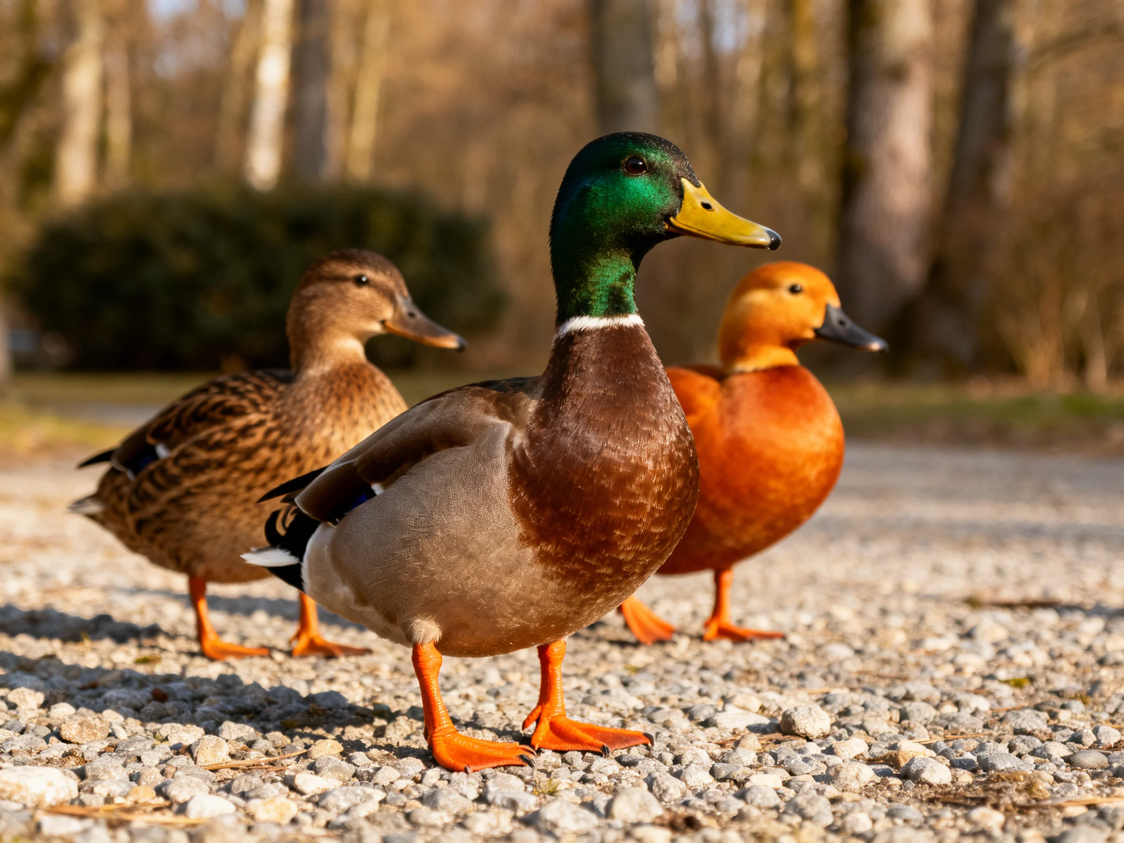 Three ducks with distinct plumages on a gravel path