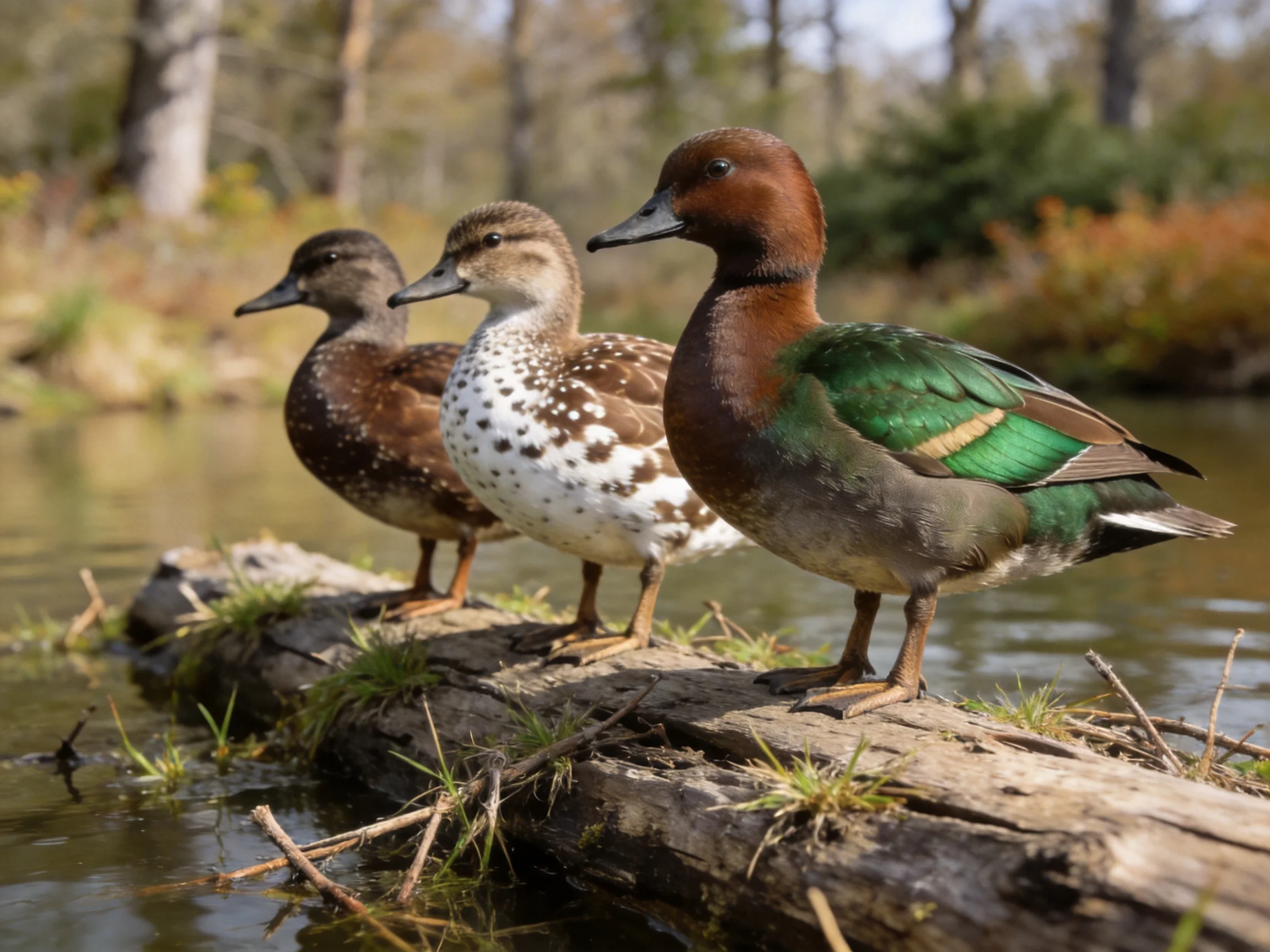 Three ducks with diverse plumage on a weathered log by calm water