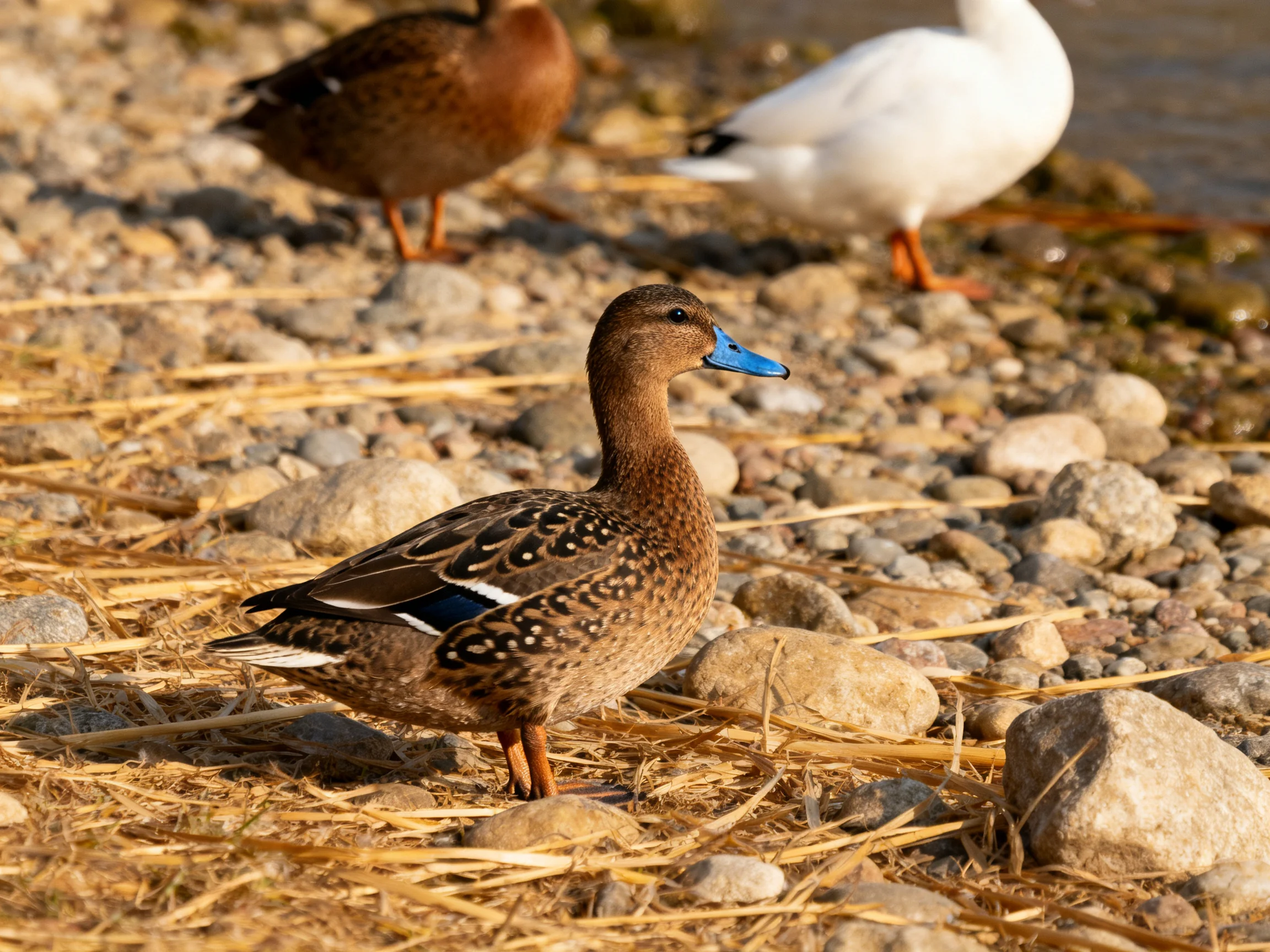 Three ducks with diverse plumages on a rocky shoreline