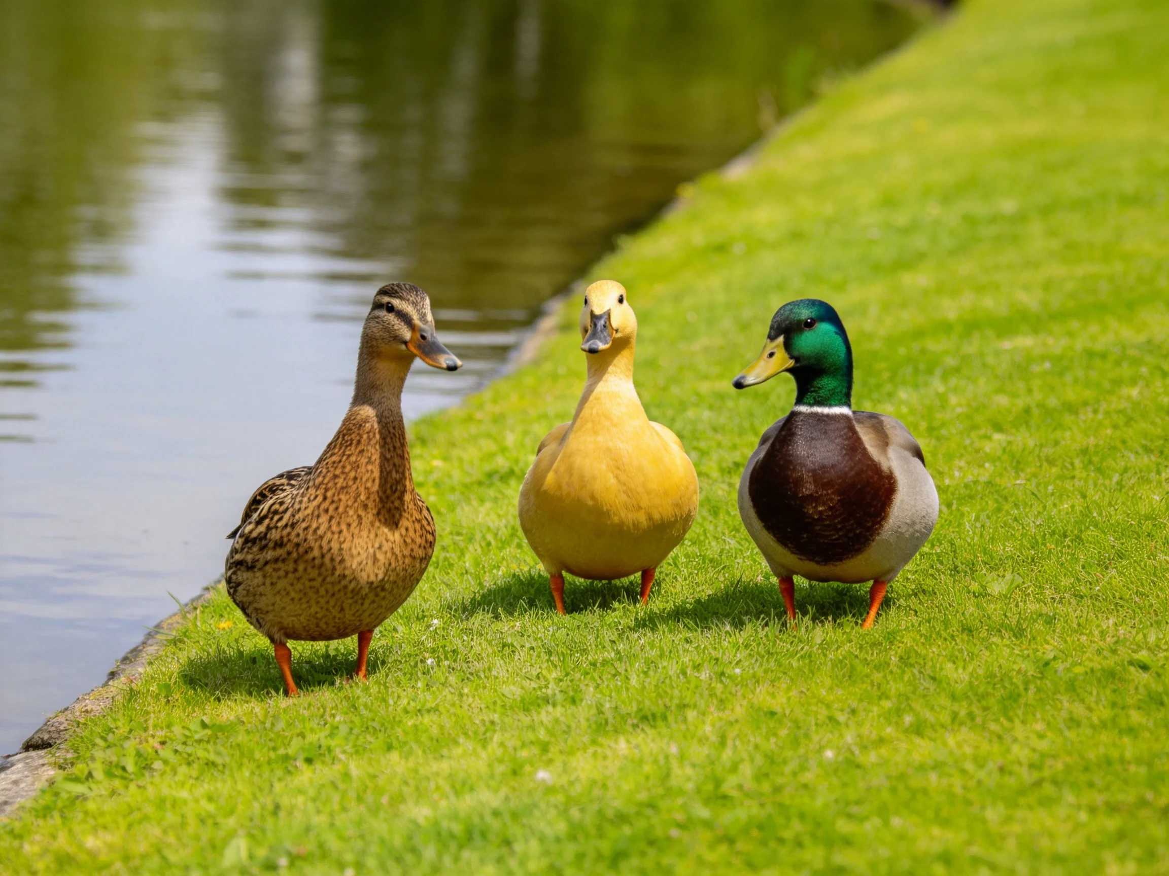 Three ducks with varied plumages stand by a calm waterway