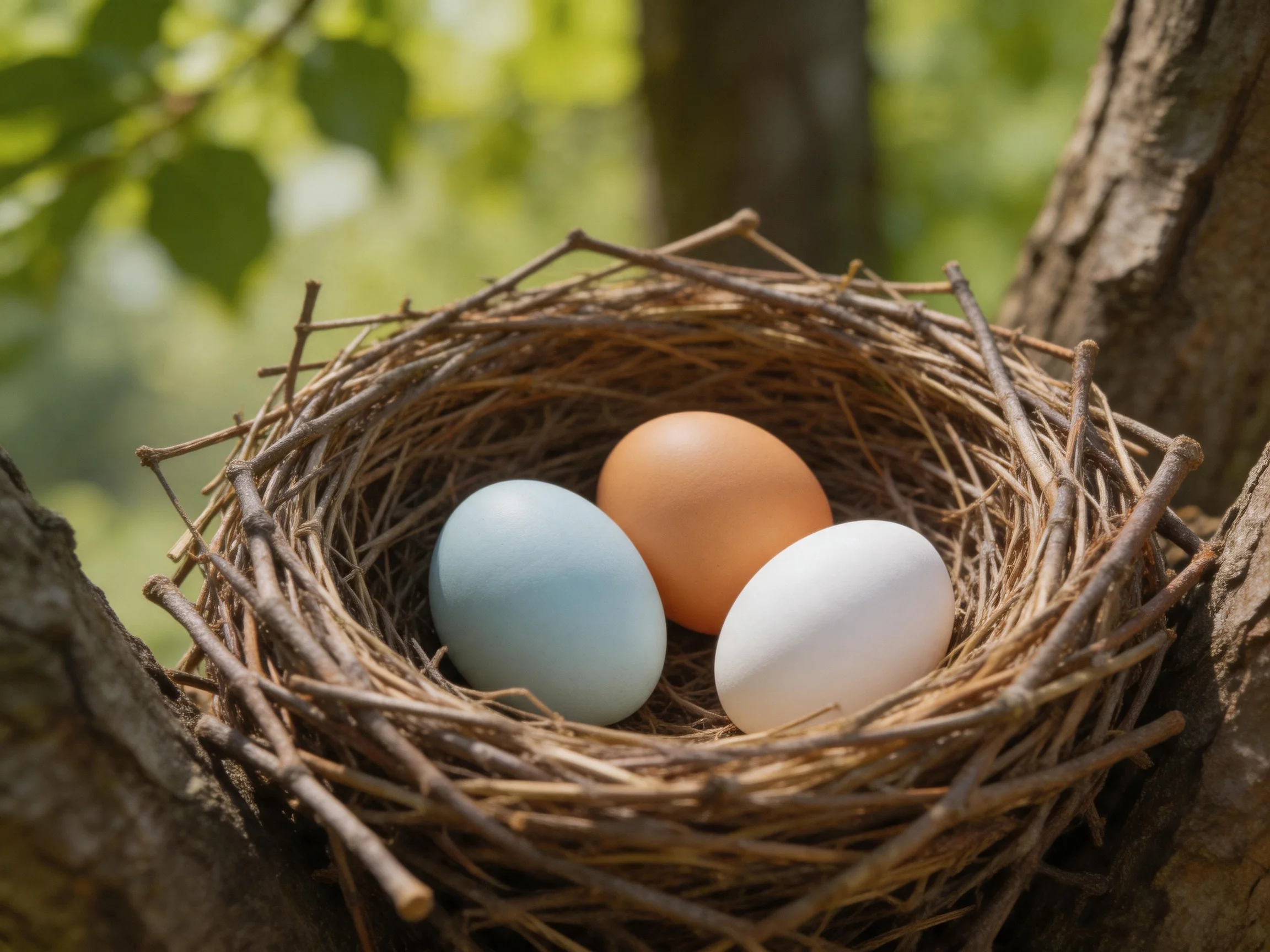 Three eggs in a twig nest on a tree branch