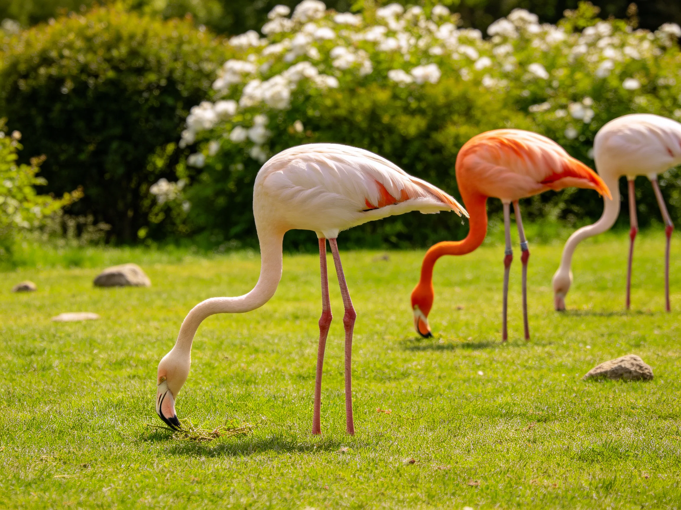 Three flamingos grazing on lush green grass amidst flowering bushes