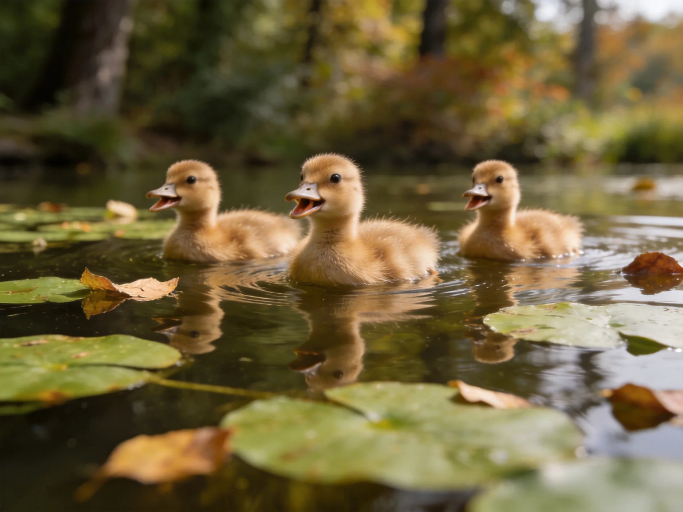 Three fluffy brown ducklings swim among green lily pads in calm water