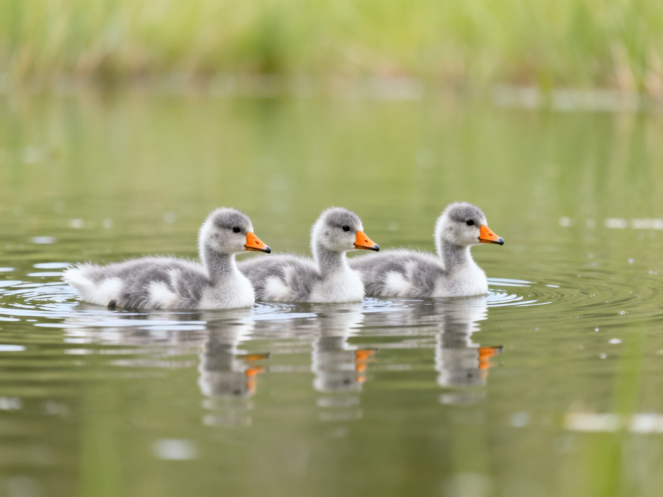 Three fluffy gray ducklings swim together in calm green water