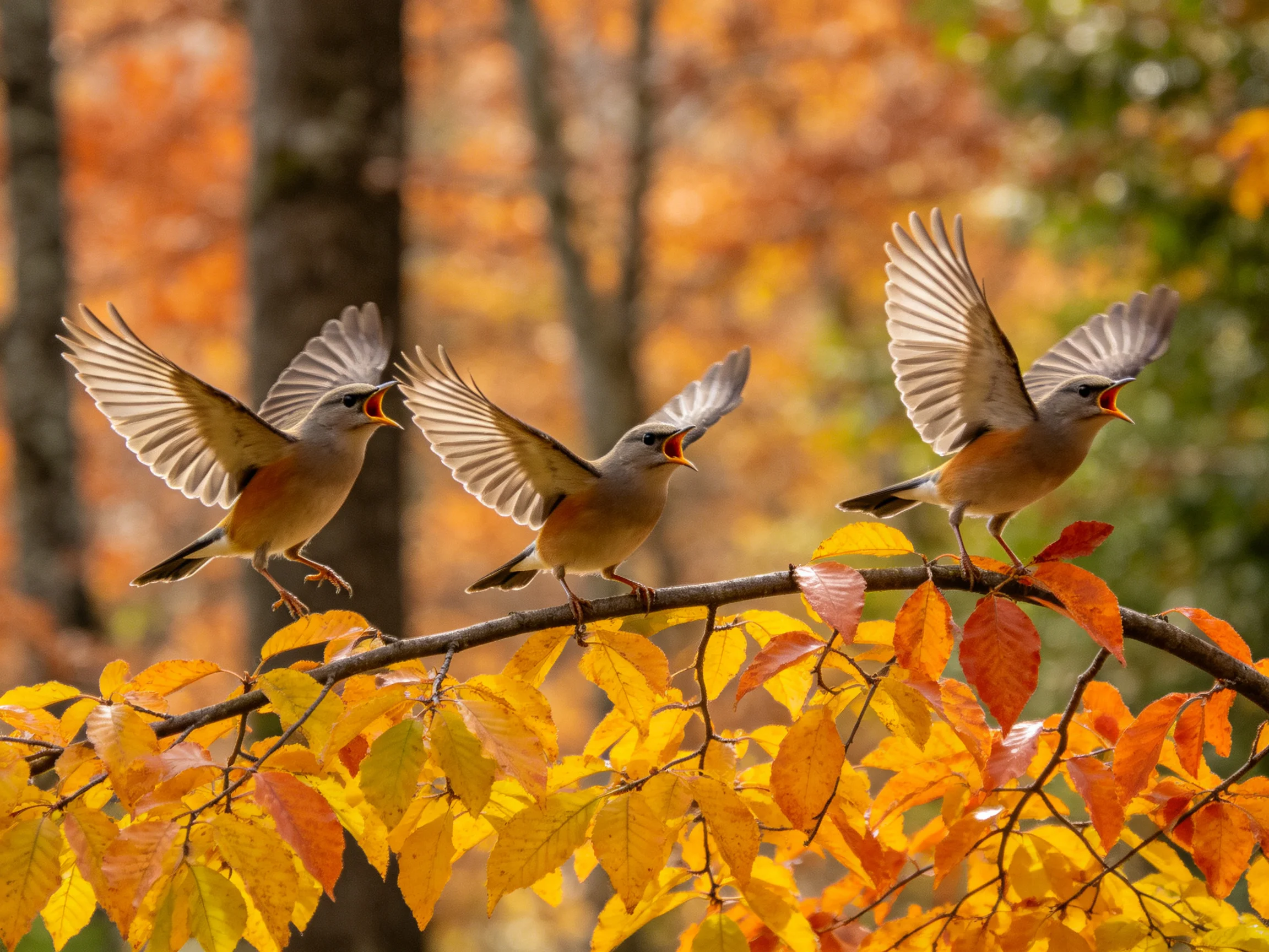 Three gray-brown birds perched on a branch amid golden-orange autumn leaves