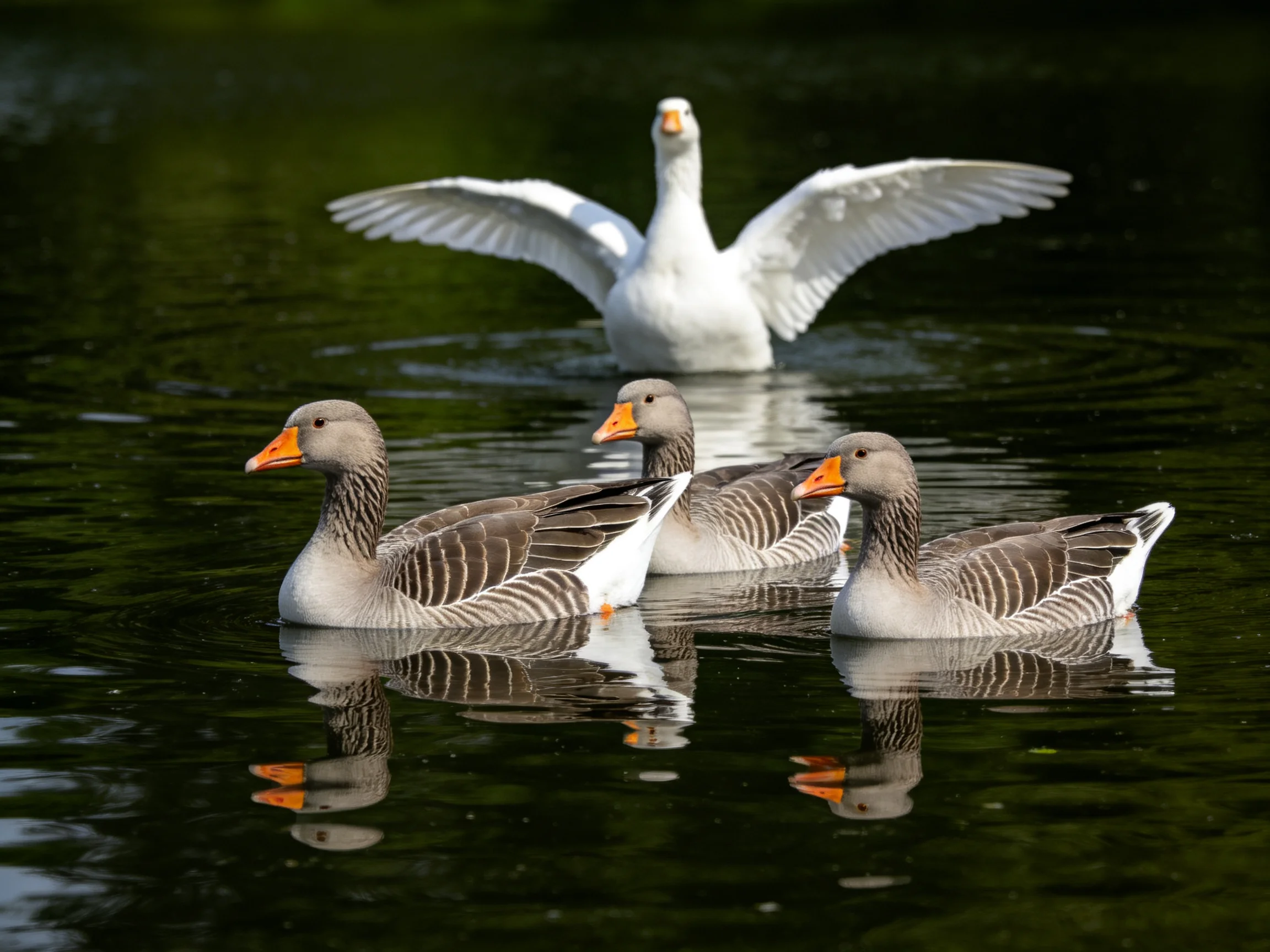Three gray geese swim near a white bird with outstretched wings