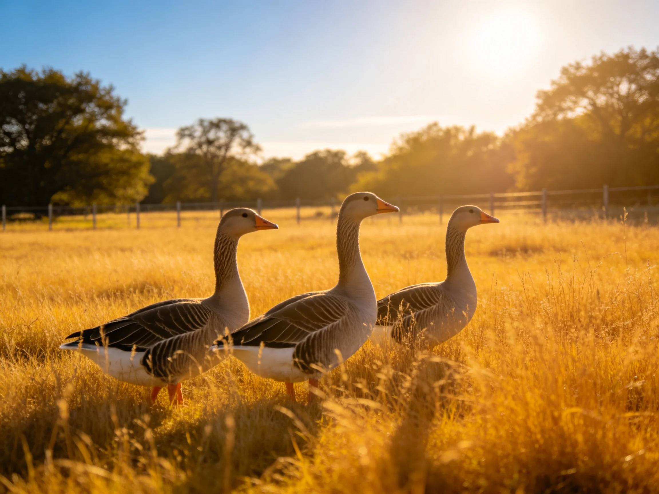 Three gray geese walk in a sunlit golden meadow