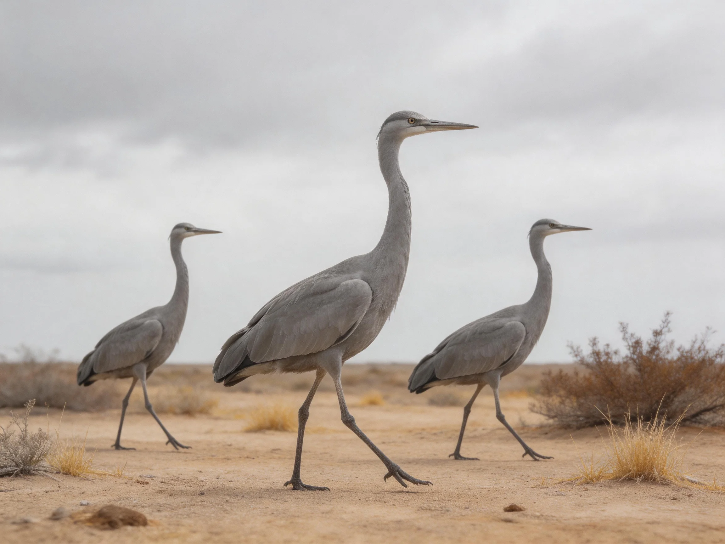 Three gray herons walk through a sandy, arid landscape with sparse vegetation