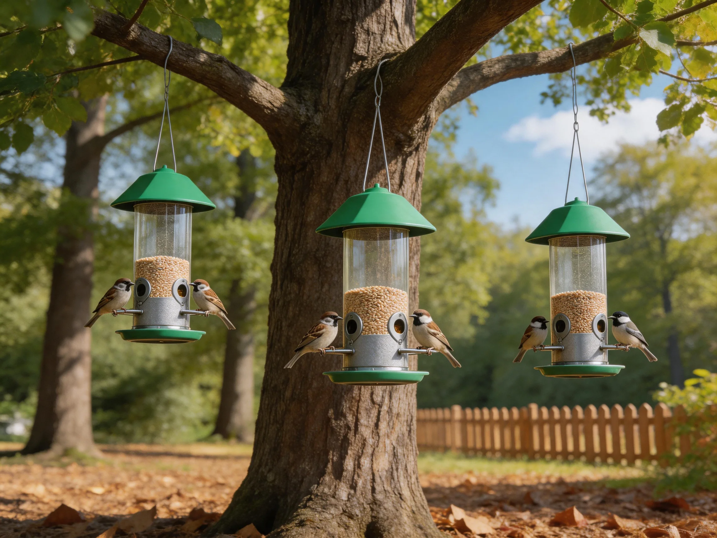 Three green-lidded bird feeders hang from tree branches with small birds