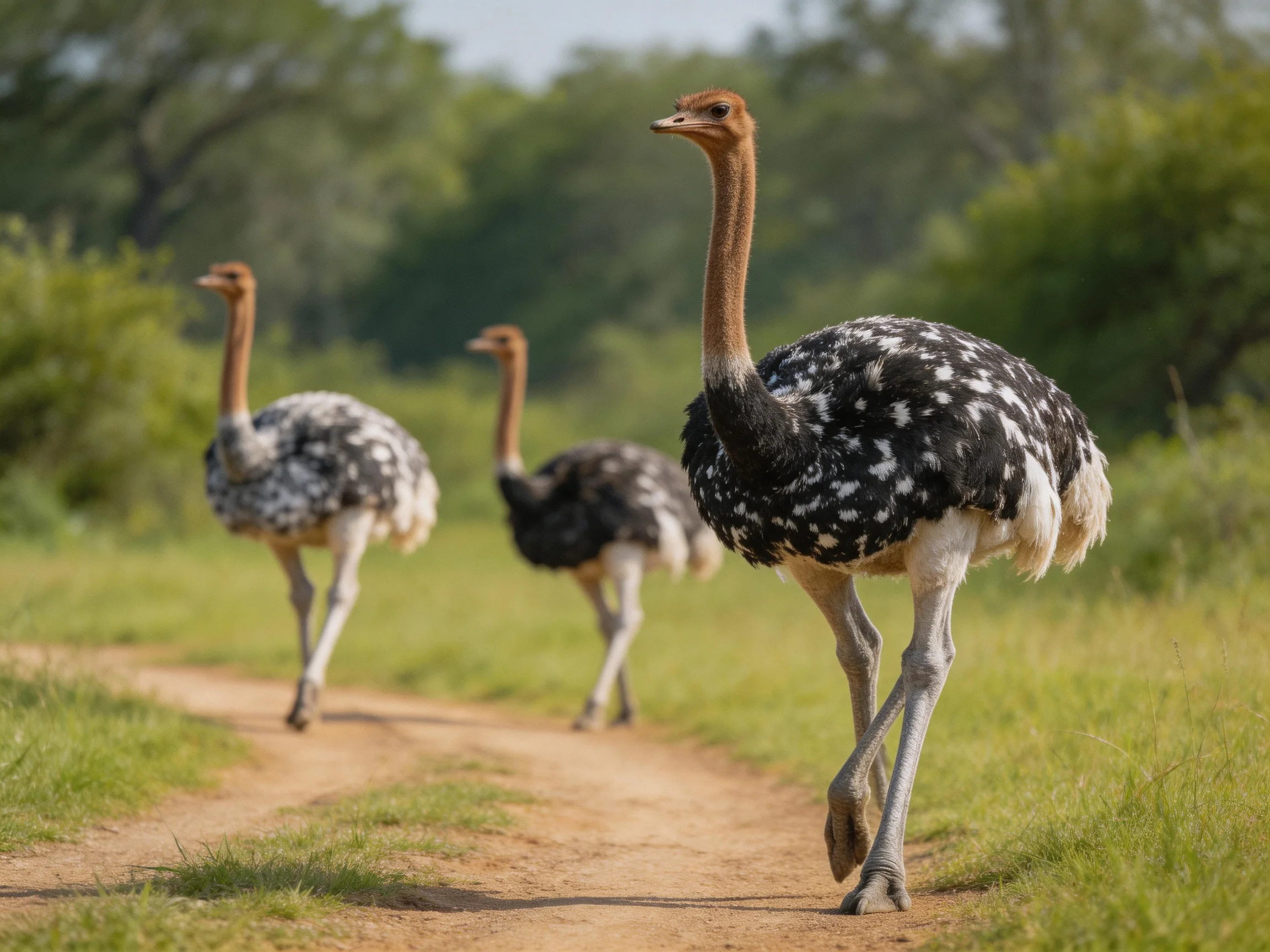 Three juvenile ostriches with black-and-white plumage walk a dirt path