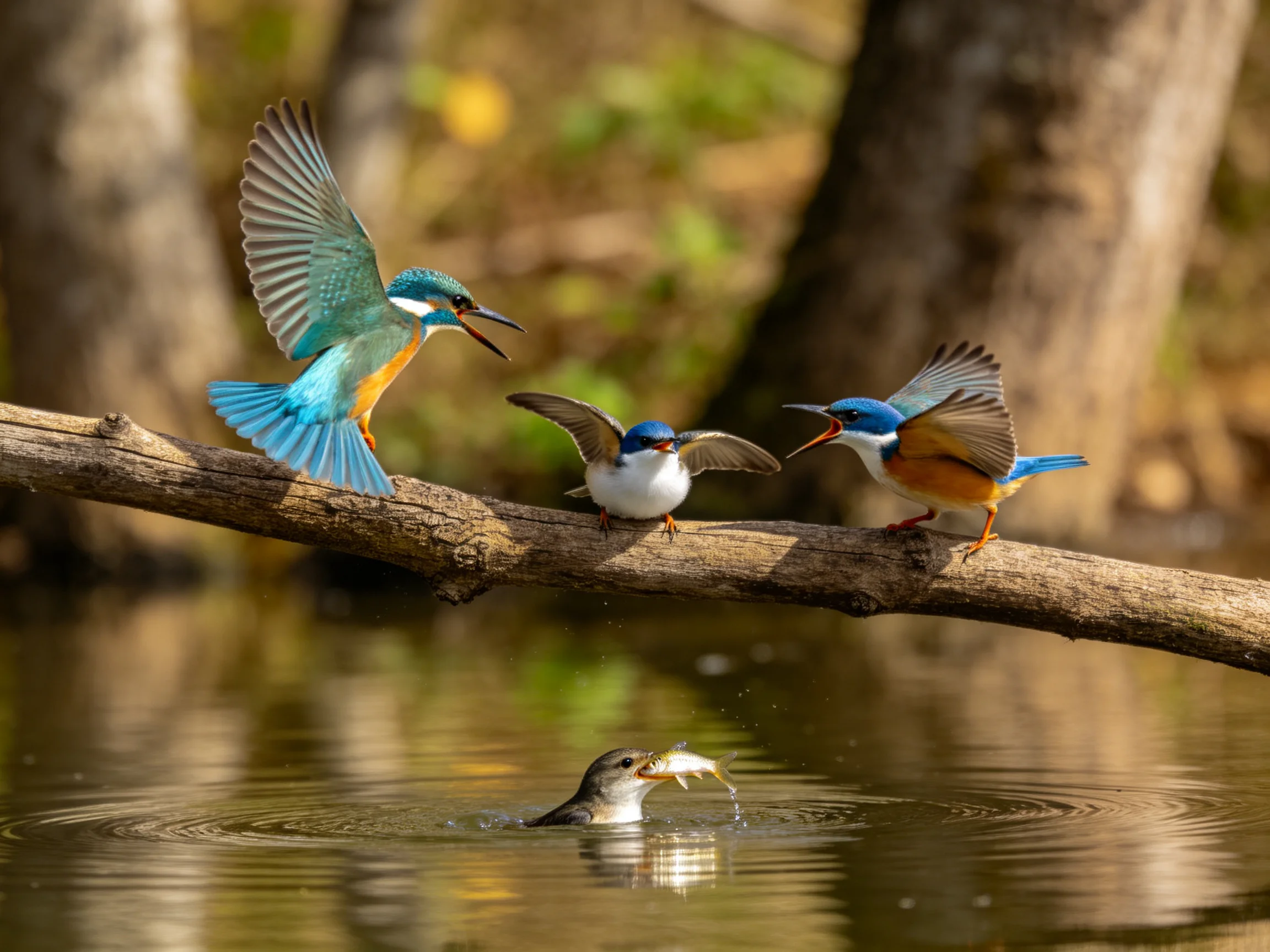 Three kingfishers on a branch with one catching fish from water