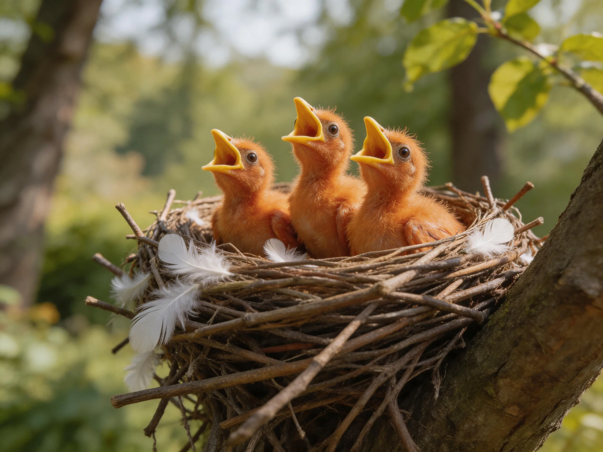 Three orange baby birds in a twig nest with white feathers