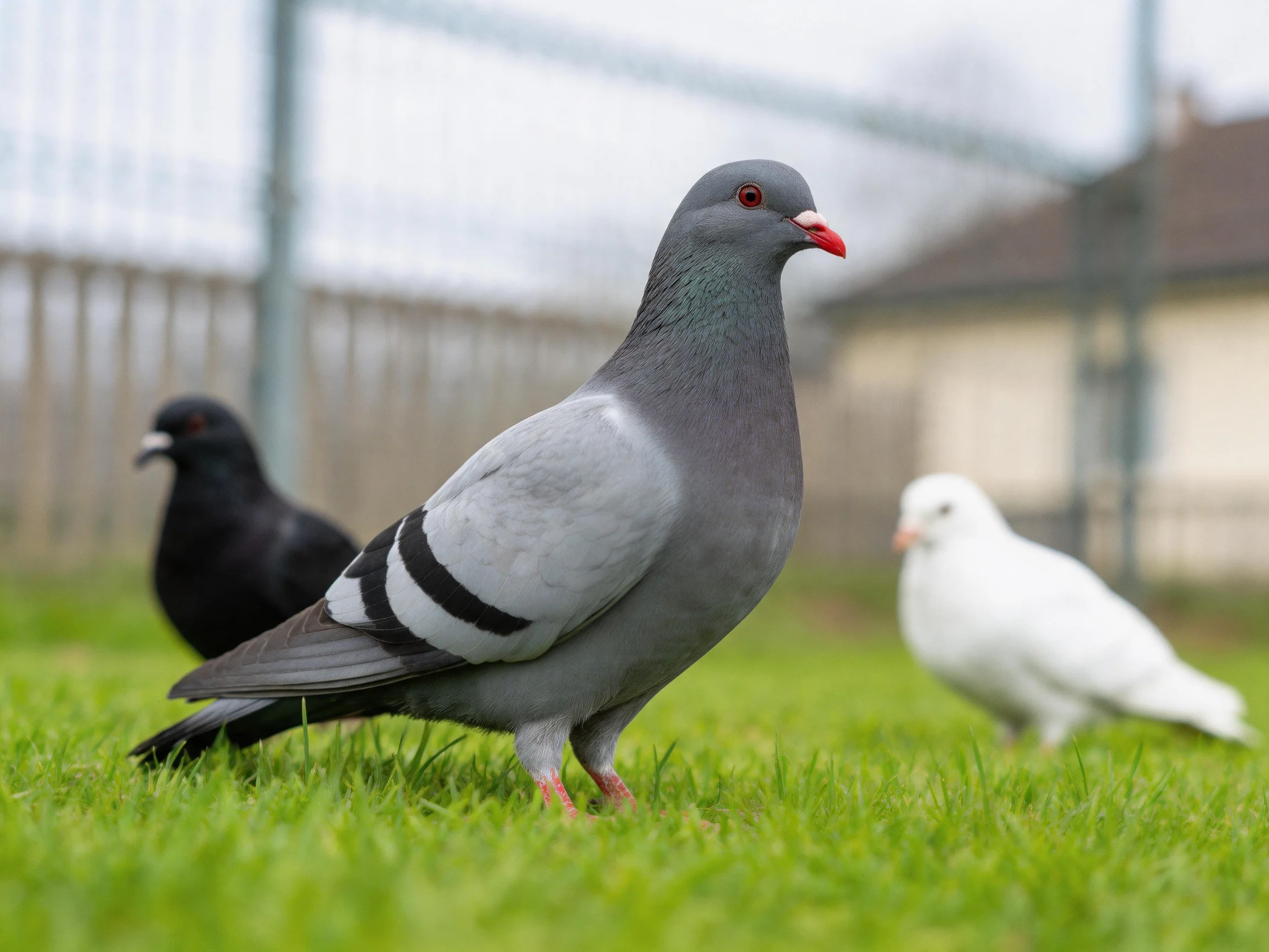 Three pigeons of varying colors on lush green grass
