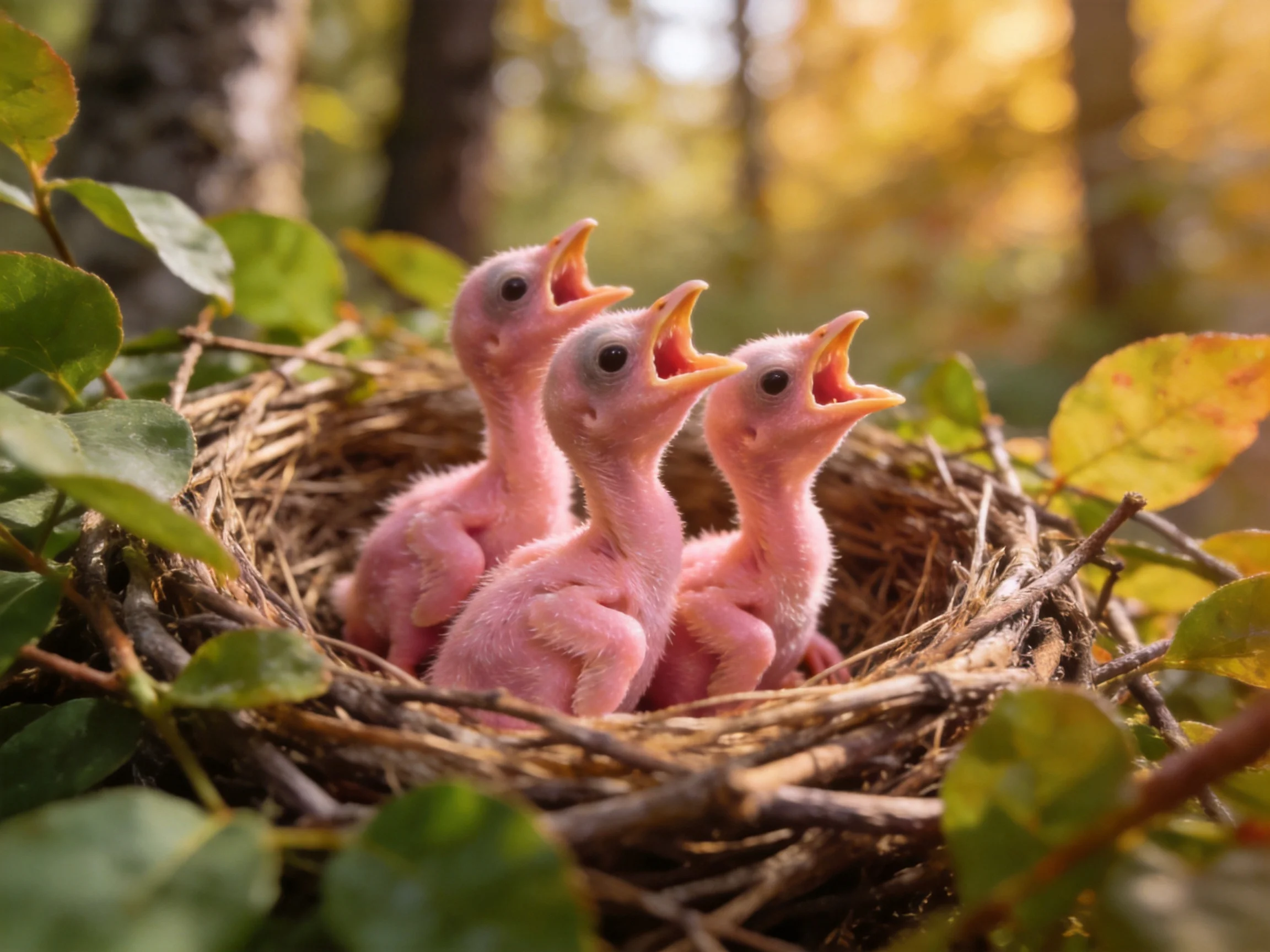 Three pink baby birds in a twig-woven nest amid foliage