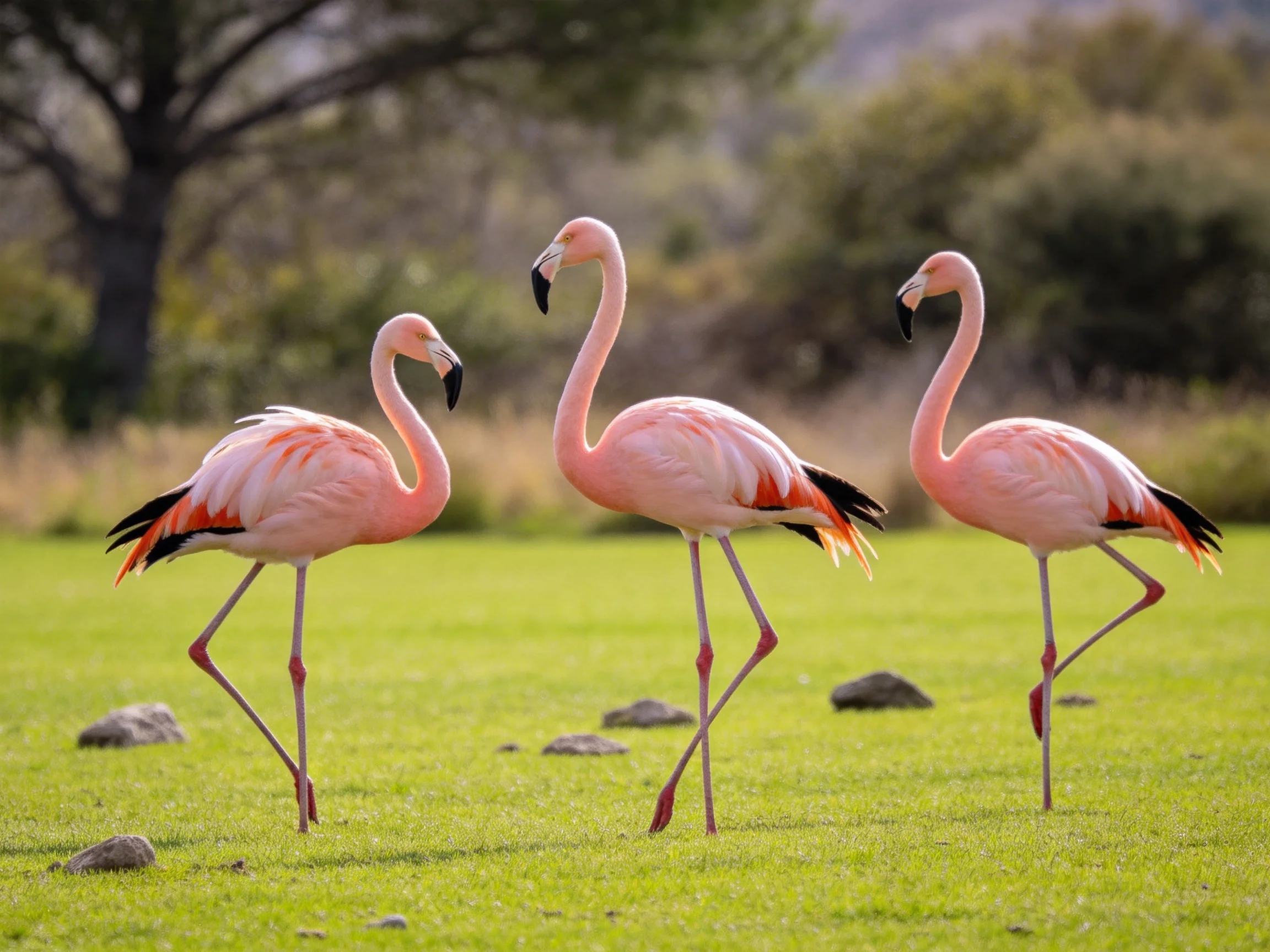 Three pink flamingos stroll through a vibrant green field