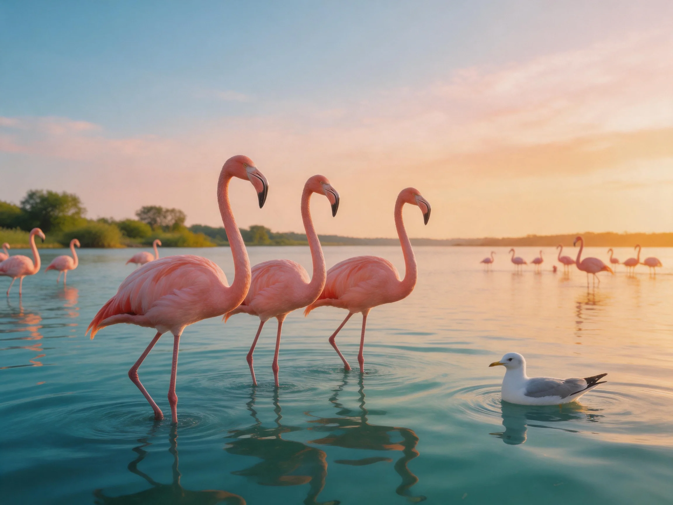 Three pink flamingos wade near a swimming seagull in calm water at sunrise.