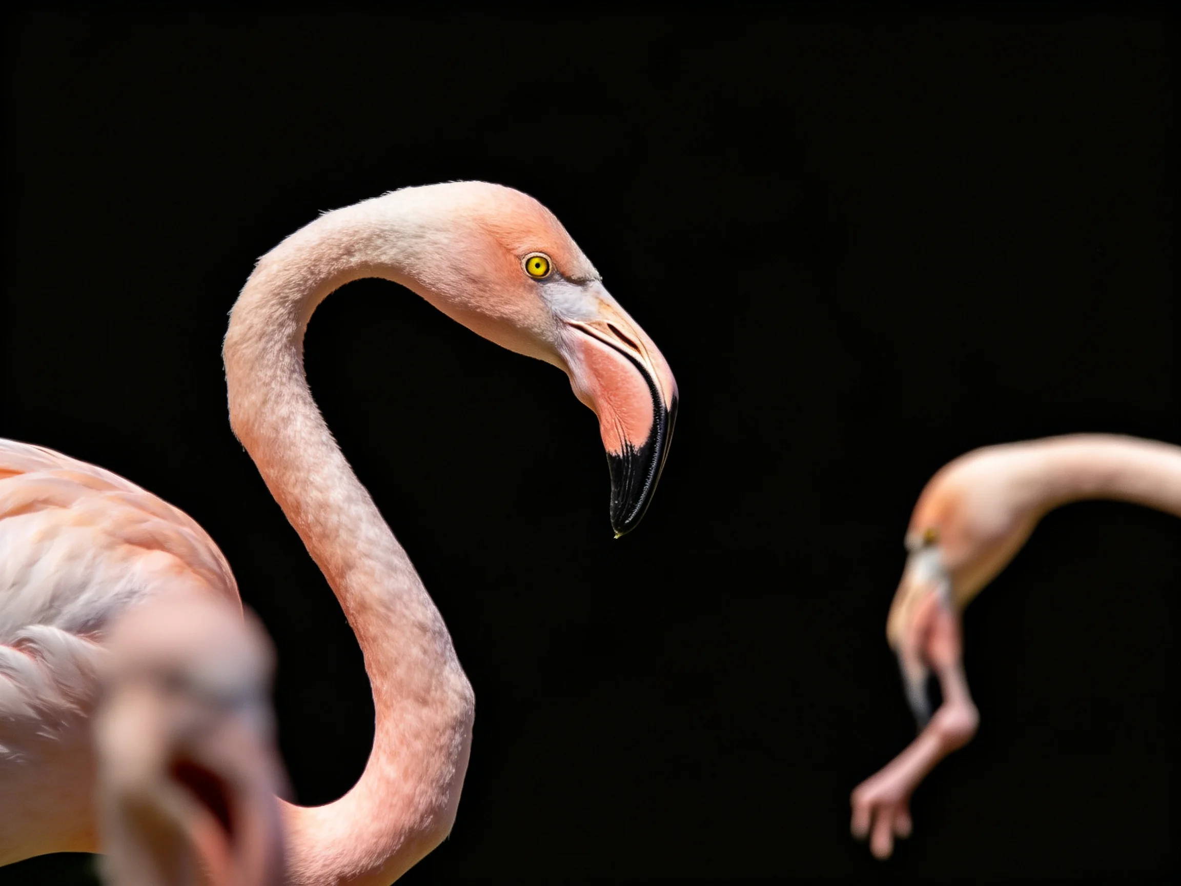 Three pink flamingos with curved necks against a black background