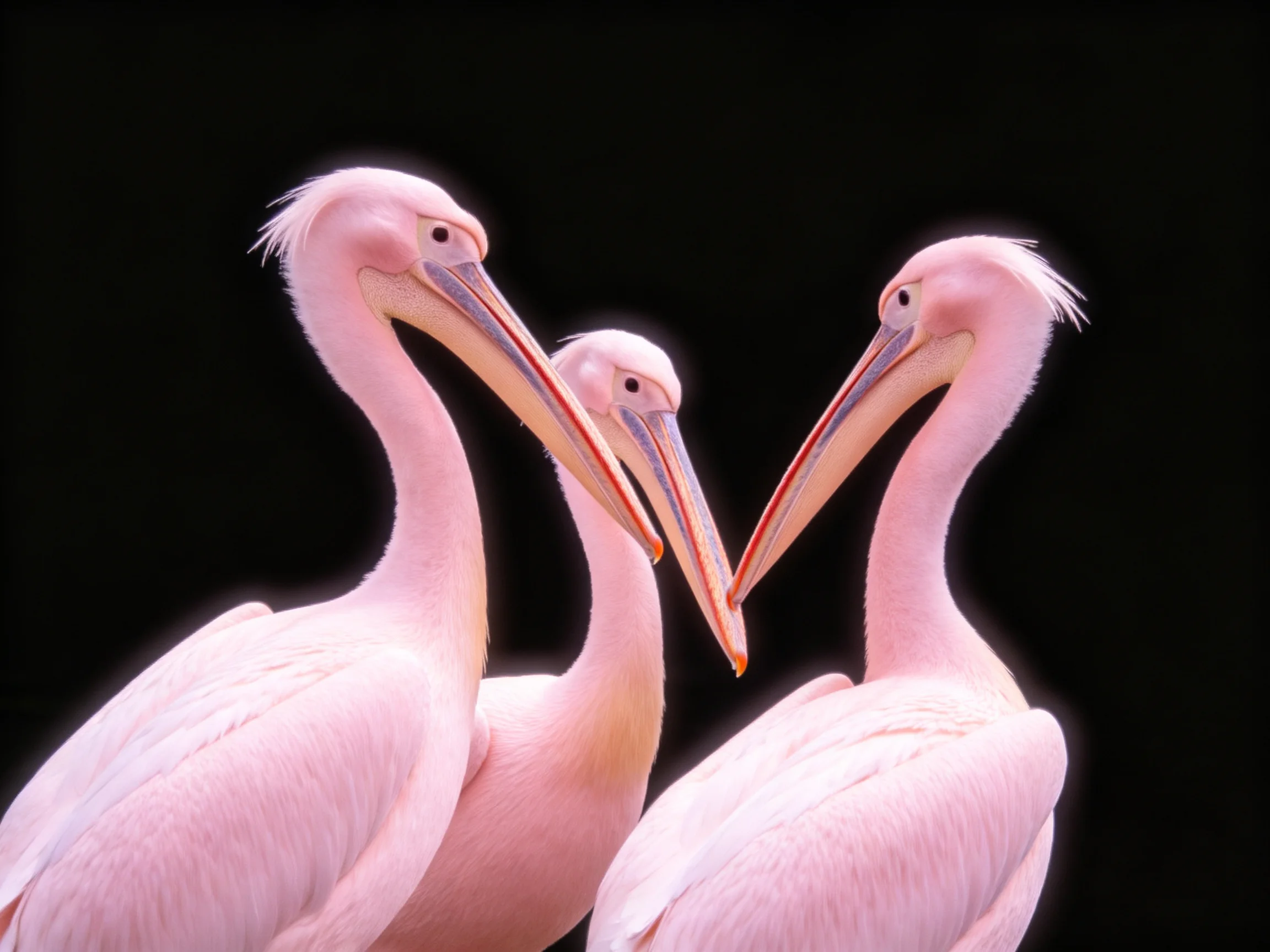 Three pink pelicans with long curved beaks grouped closely