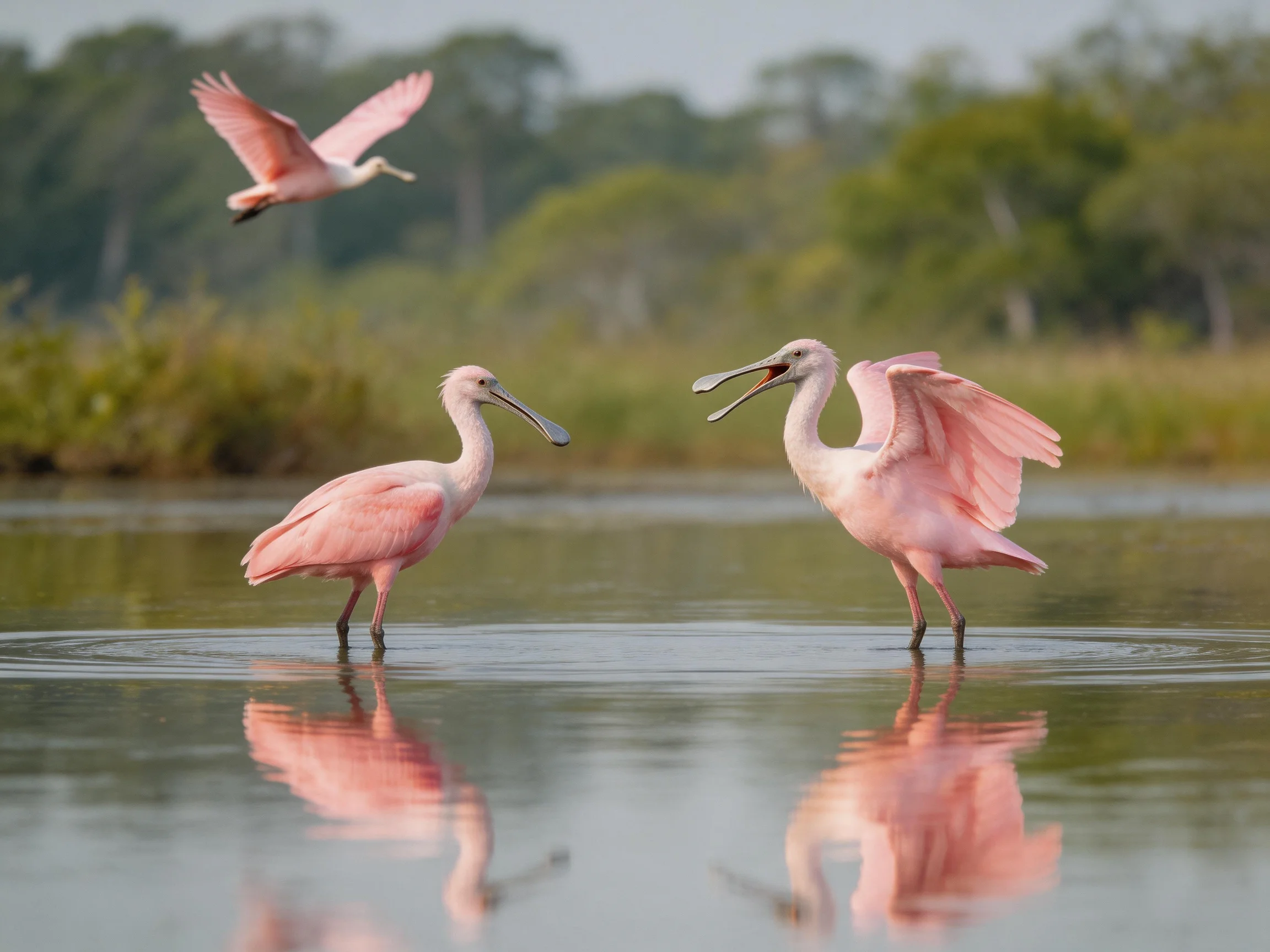 Three pink spoonbills interact near calm water with greenery behind.