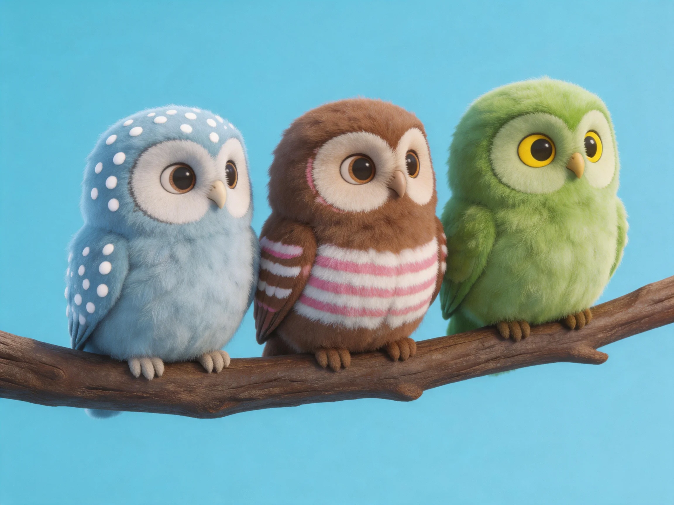 Three plush-colored owls sit on a branch with a blue backdrop