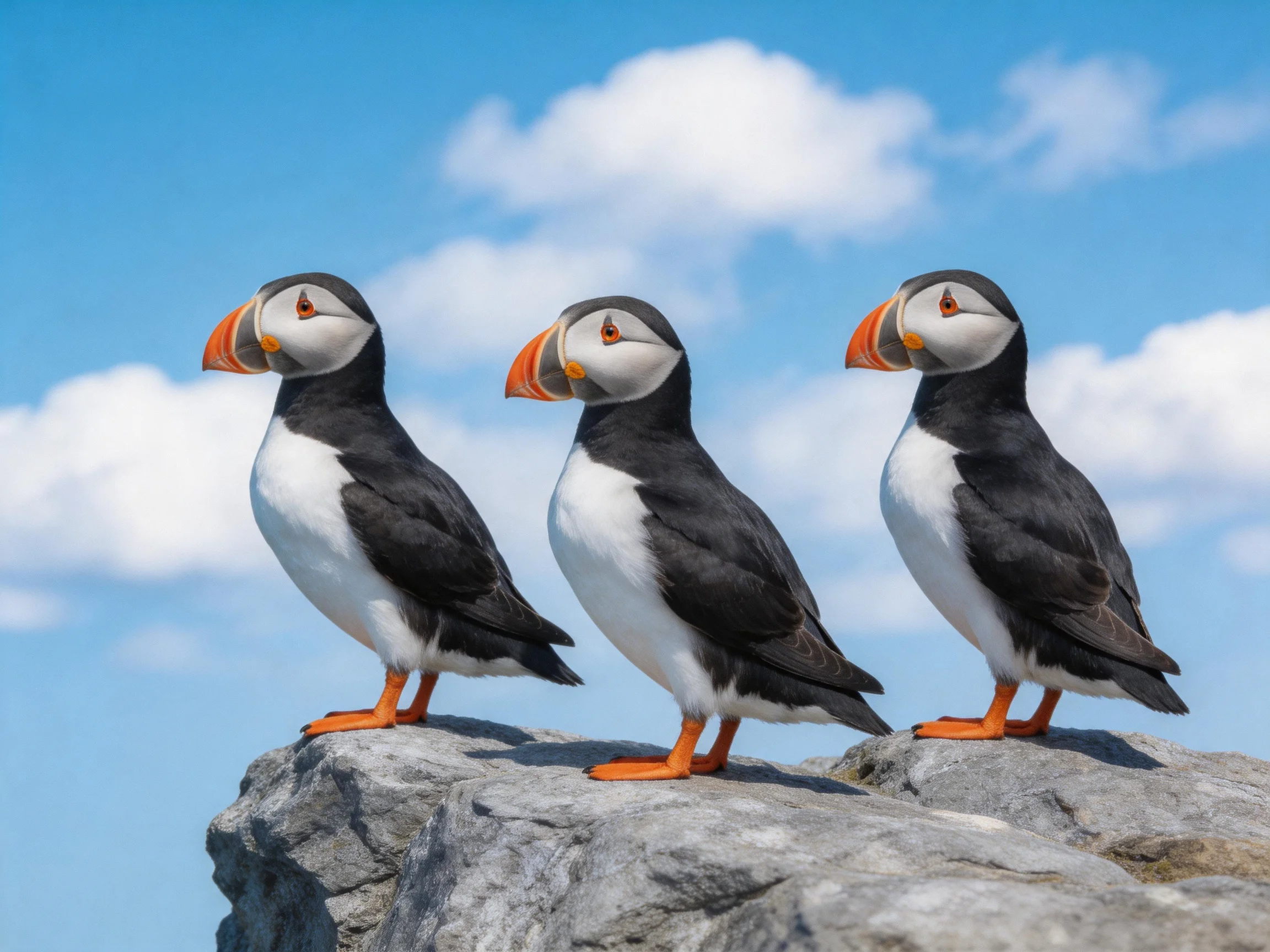 Three puffins with orange beaks stand on gray rocks against blue sky