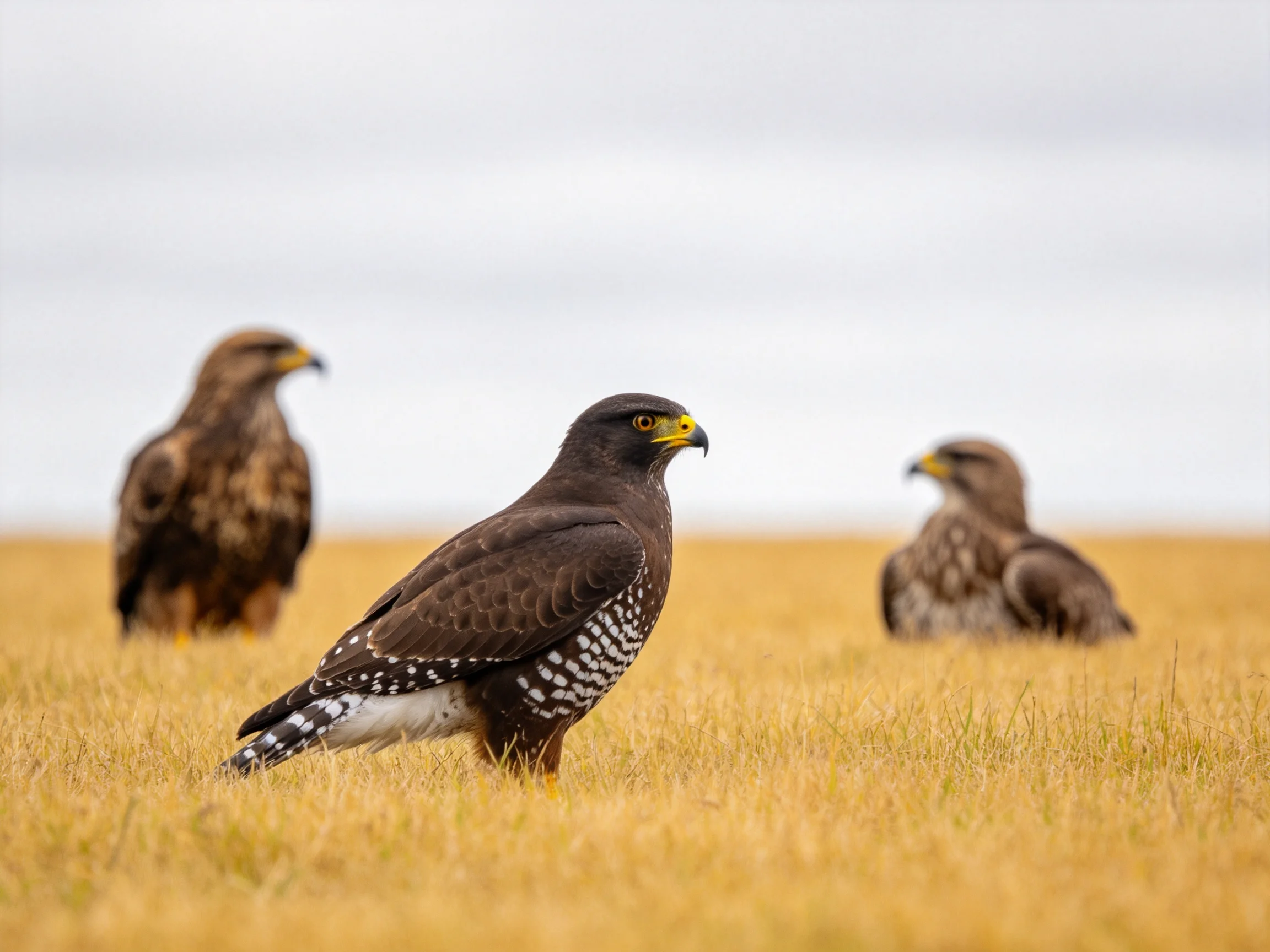 Three birds of prey rest in a golden grassy field under cloudy conditions.