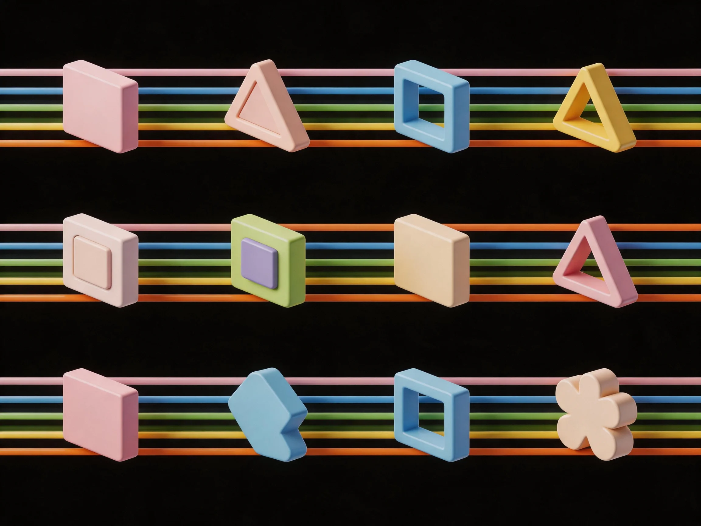 Three rows of pastel geometric shapes on vibrant multicolored horizontal stripes