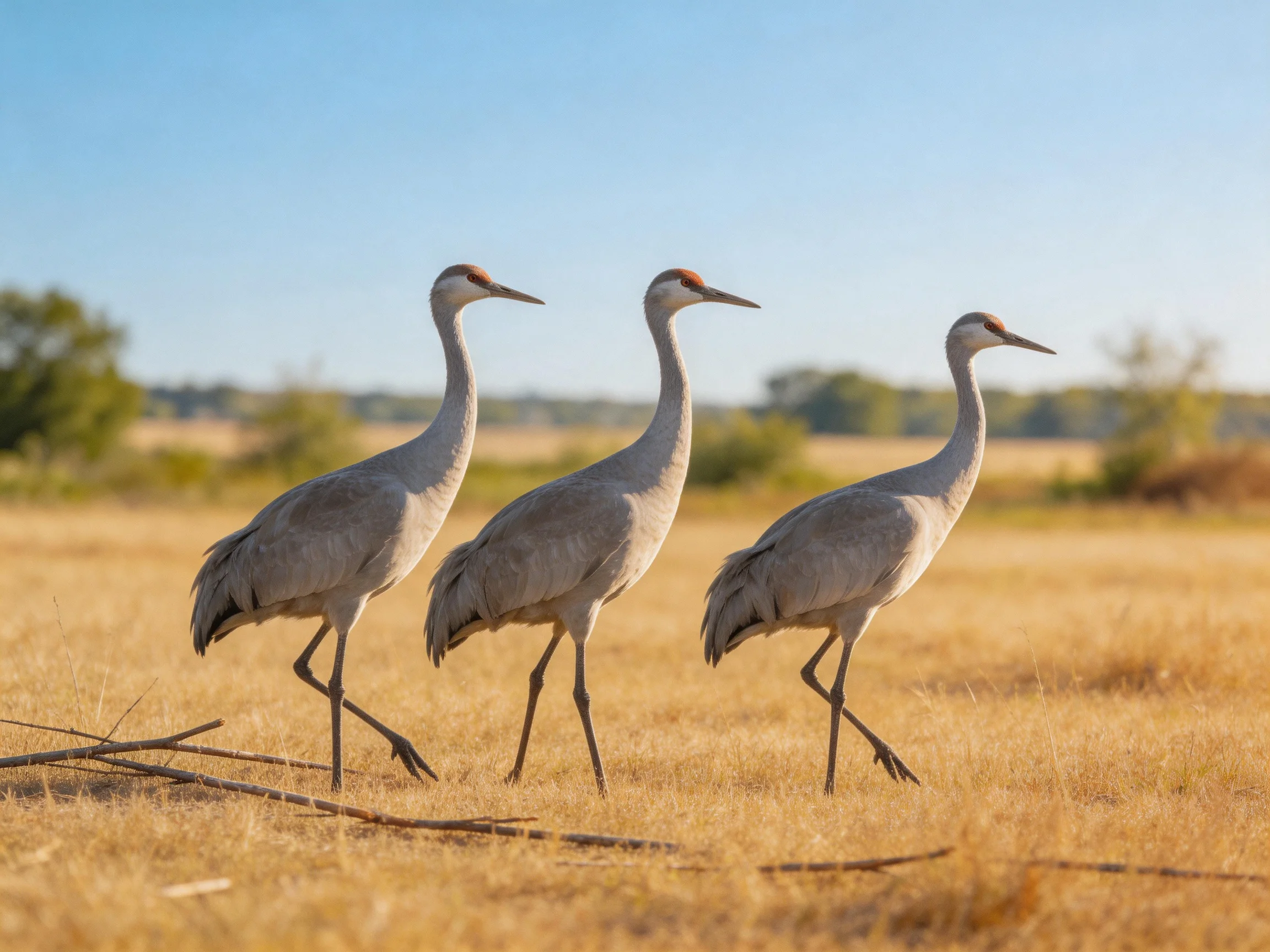 Three sandhill cranes traverse golden grasslands beneath clear blue skies