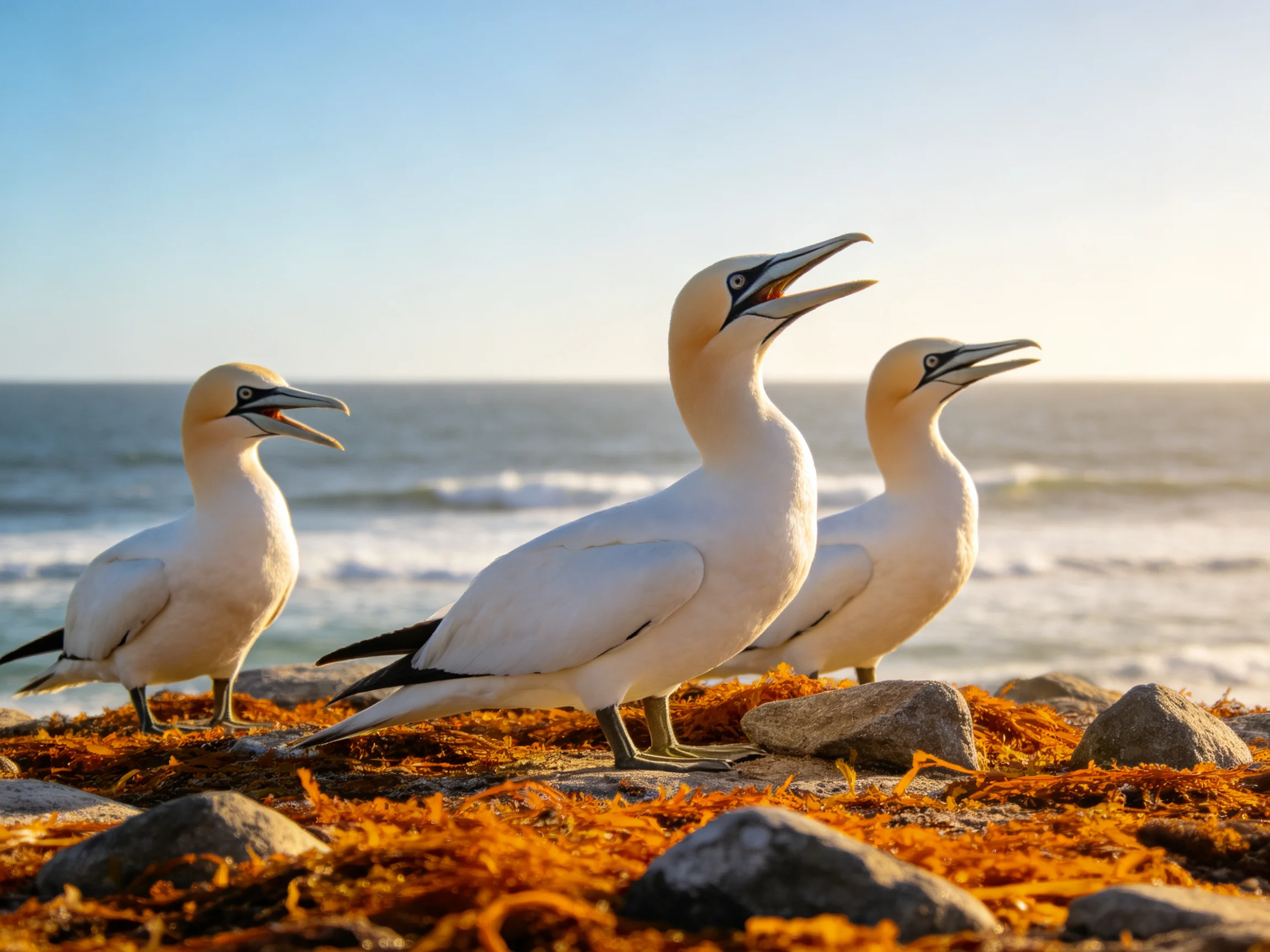 Three seabirds on rocky shore with orange seaweed and ocean
