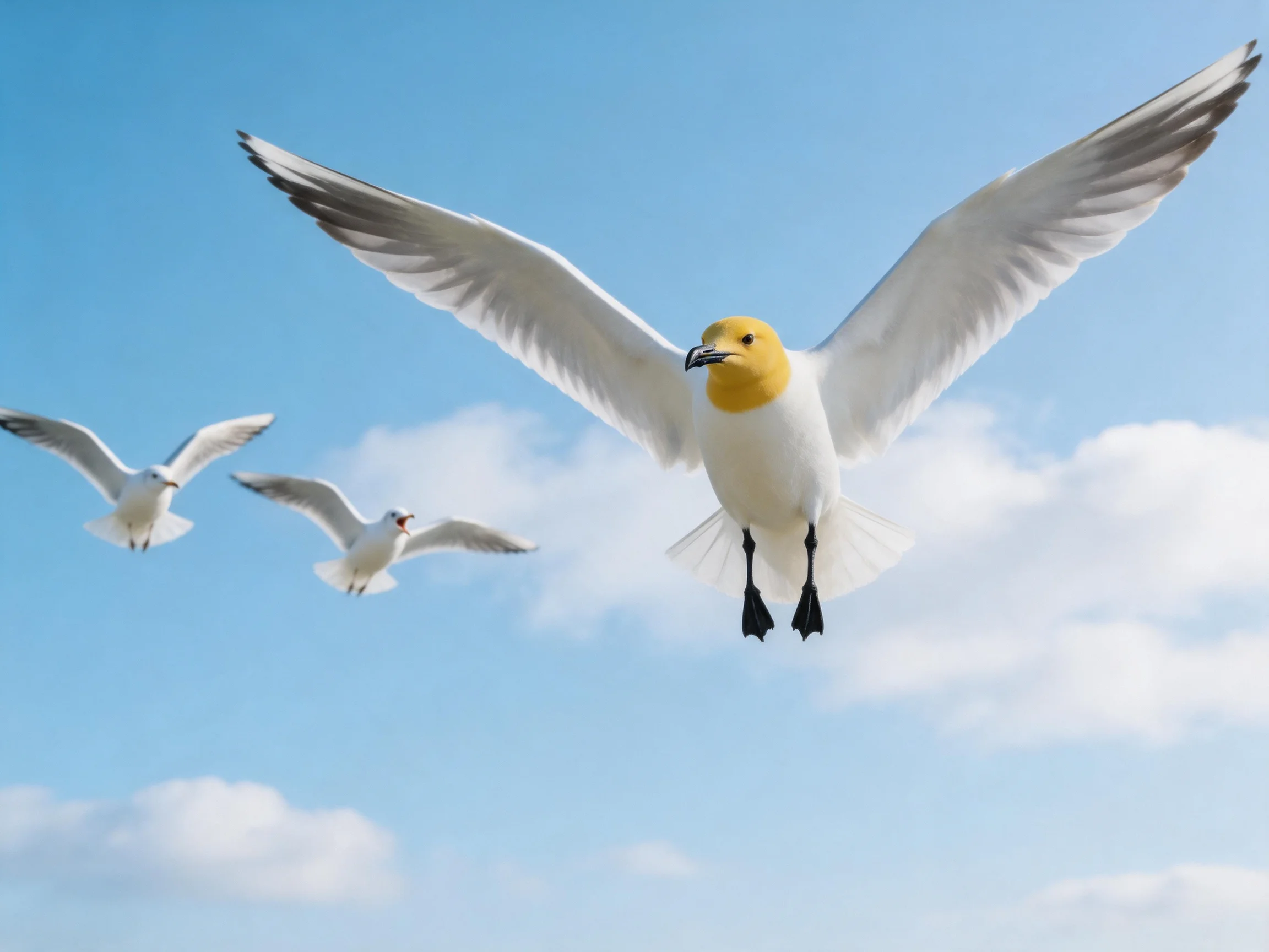 Three seagulls flying in a bright blue sky with clouds