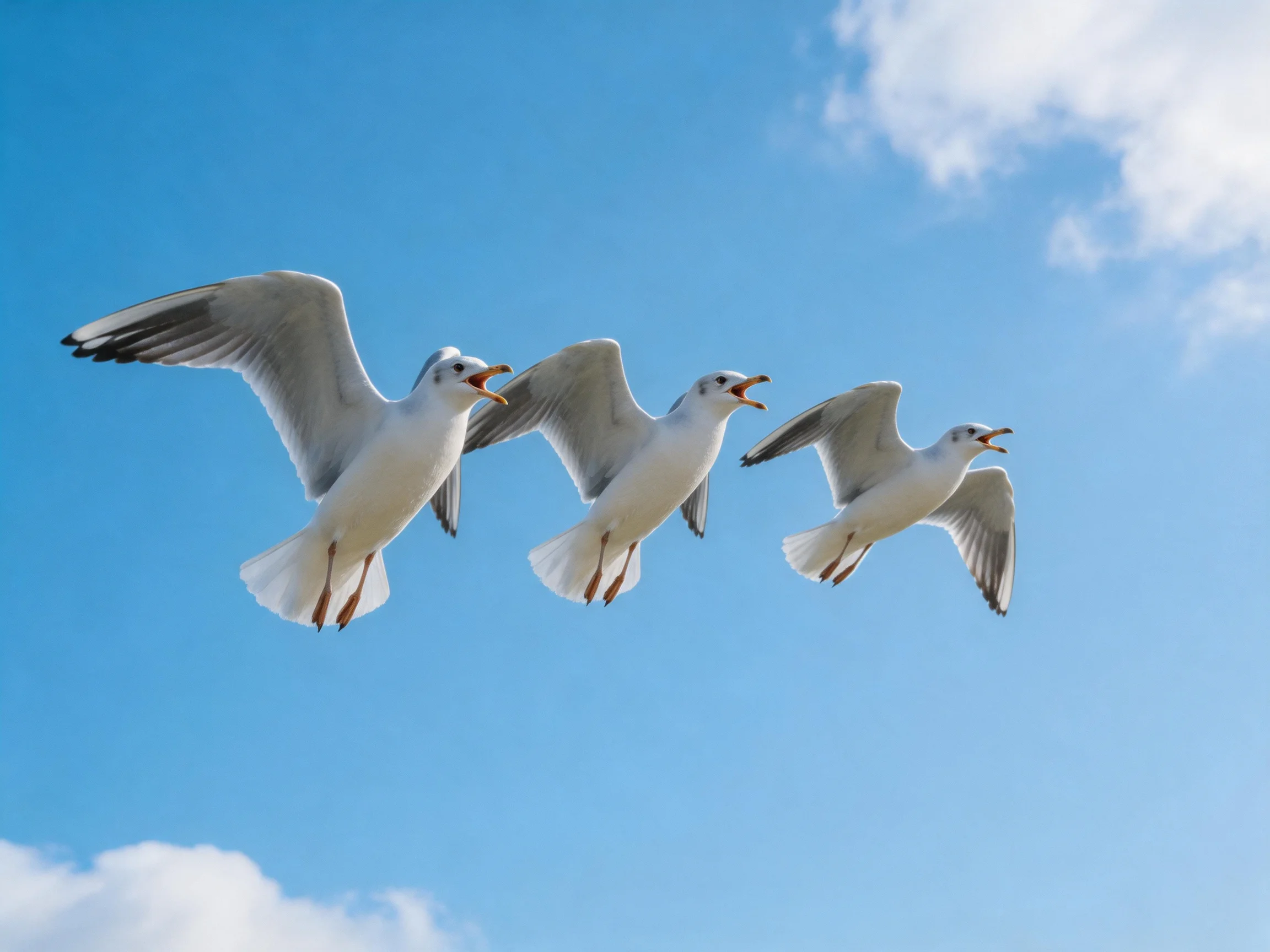 Three seagulls flying in clear blue sky with scattered clouds