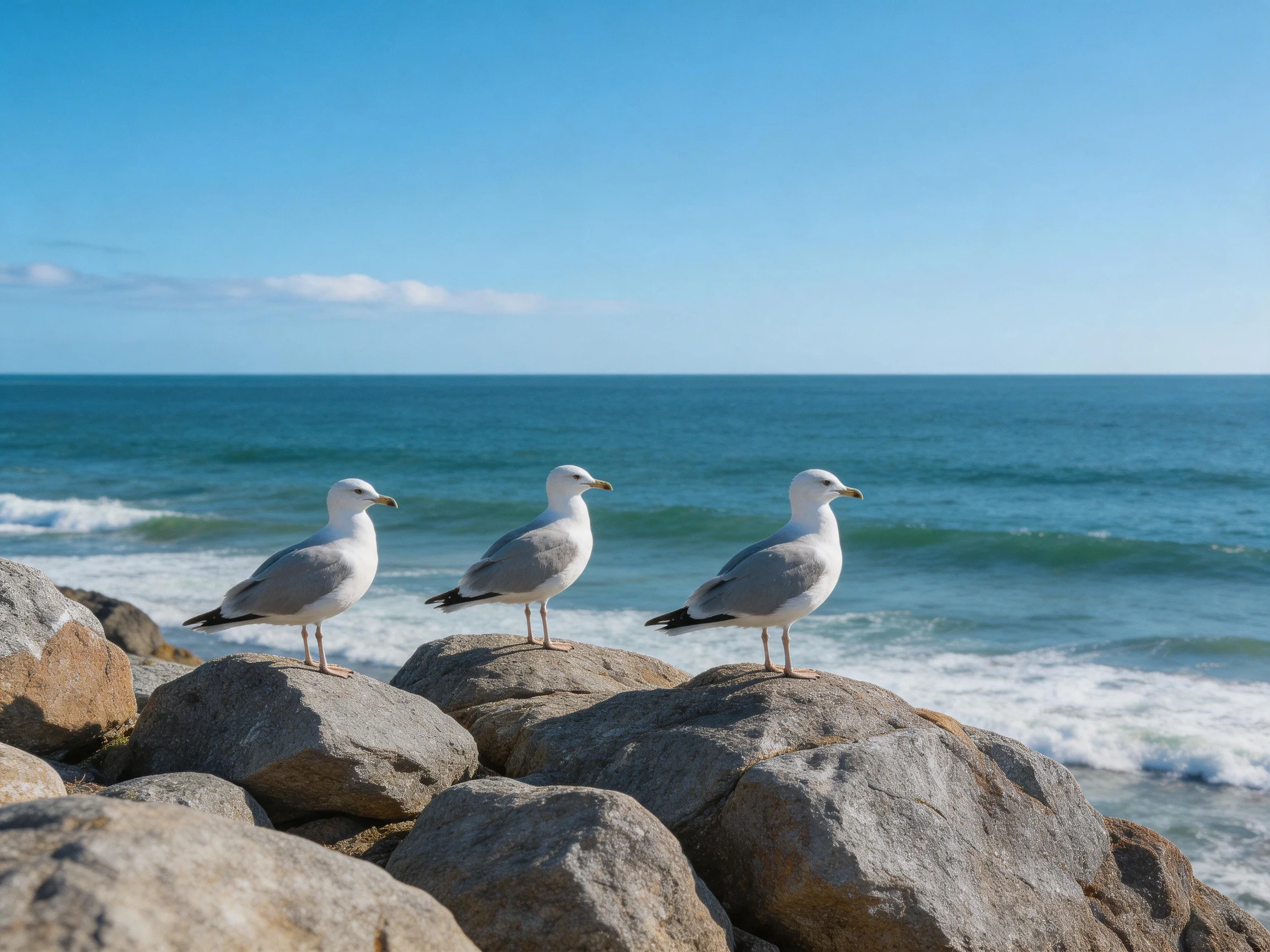 Three seagulls perched on coastal rocks overlooking turquoise waters