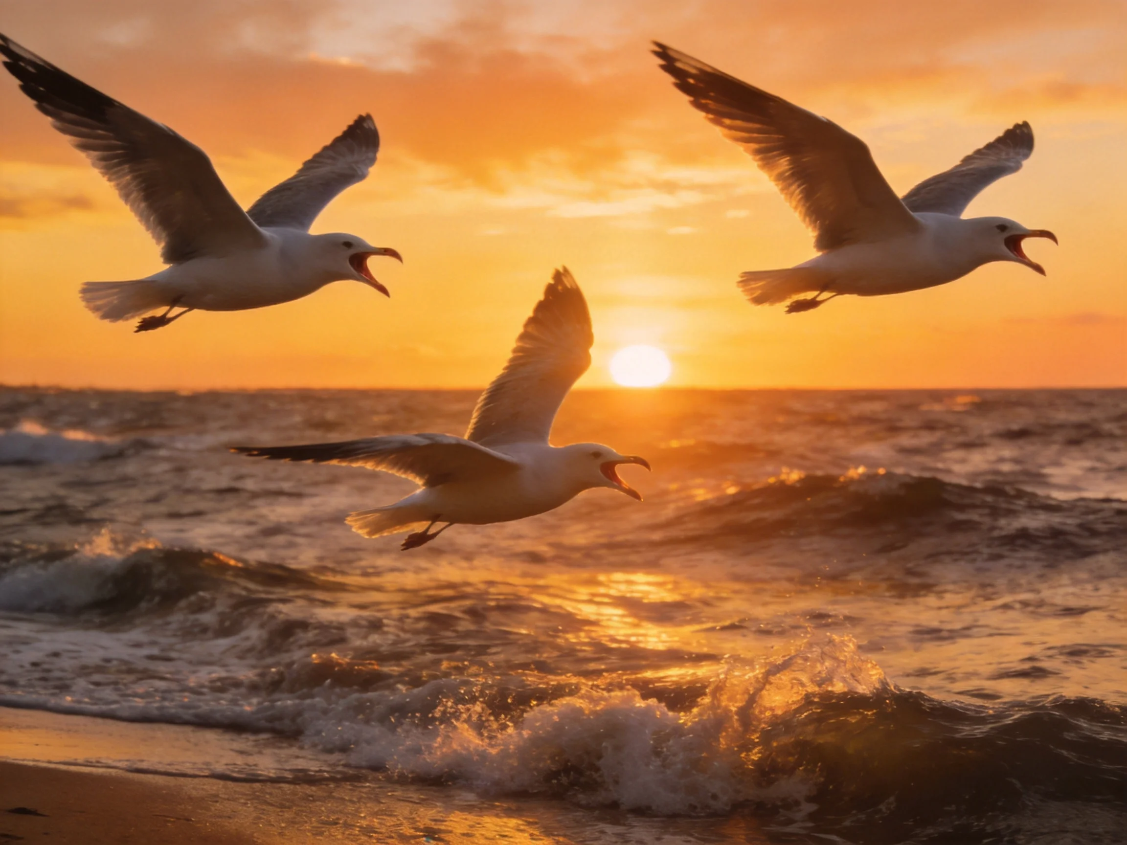 Three seagulls soar above ocean waves at golden sunset
