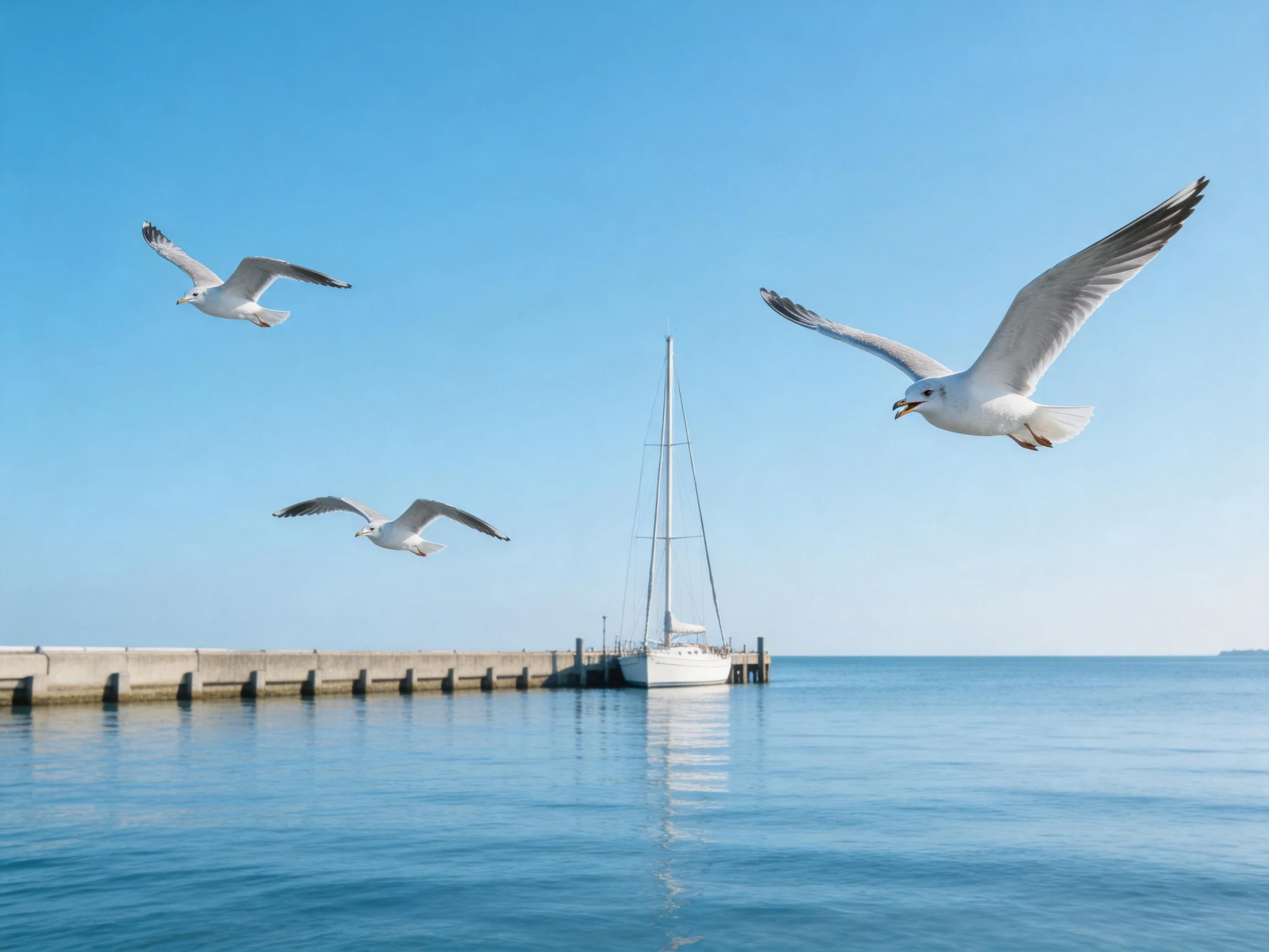 Three seagulls soar over a calm blue sea near a docked sailboat