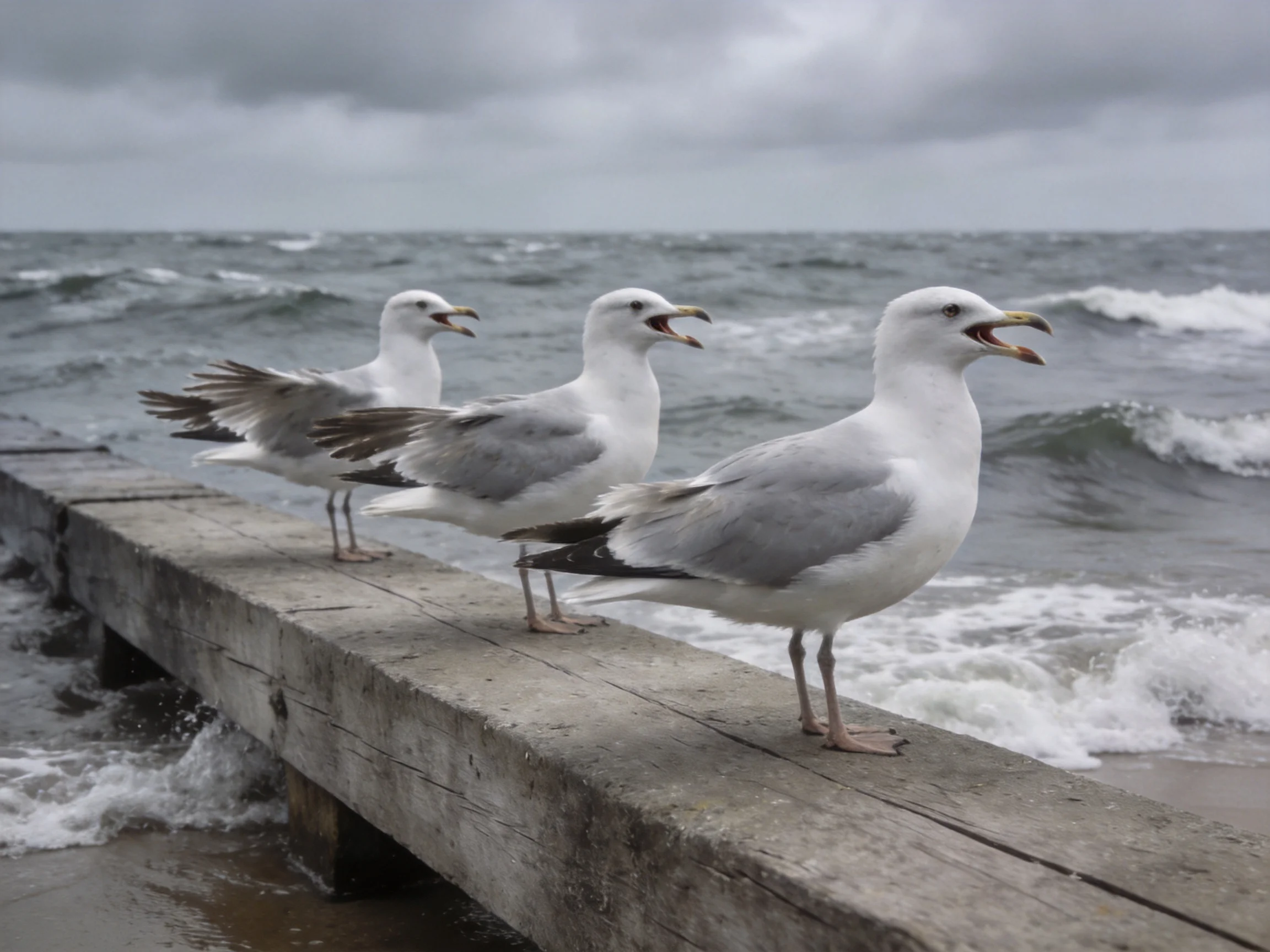 Three seagulls stand on a weathered wooden pier beside churning ocean waves.